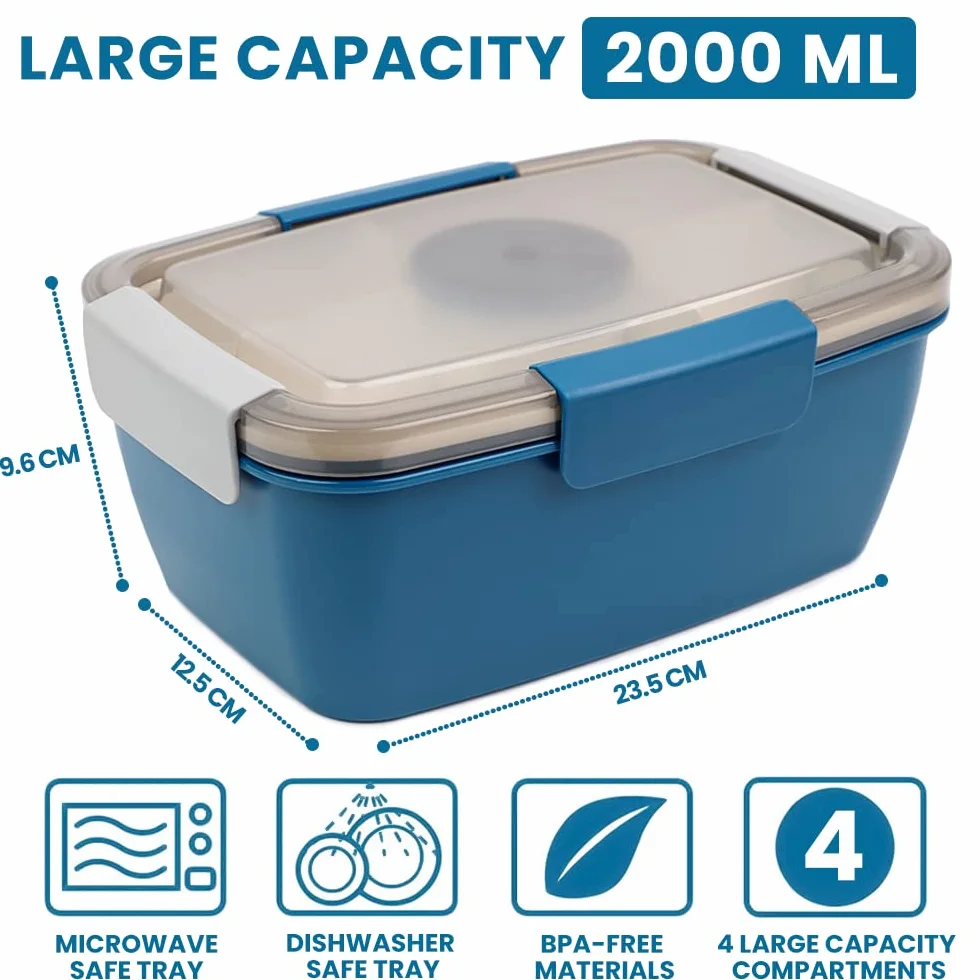 Bugucat Bento Box Pudełko na Lunch 2000 ML z 4 Przegródkami, Pojemnik na Sałatkę z Dressingiem, Wbudowana Łyżka