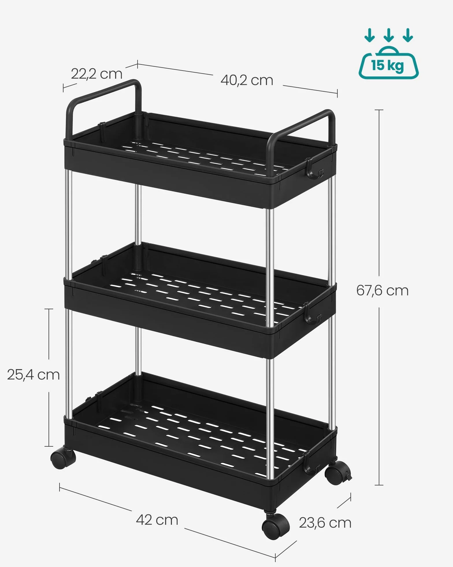 SONGMICS Wózek kuchenny z 3 poziomami, 23,6 x 42 x 67,6 cm, czarny KSC019B01