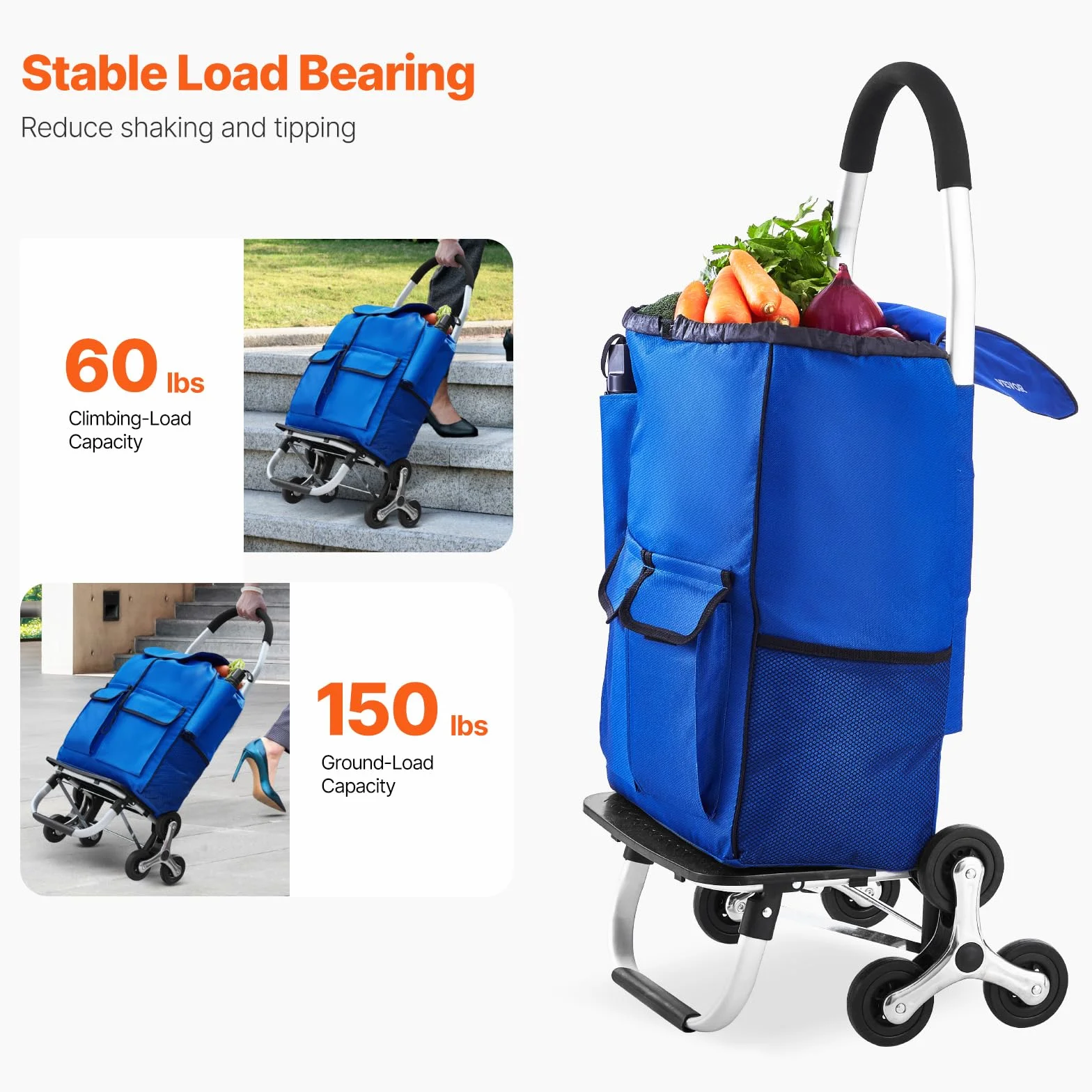 VEVOR Składany wózek na zakupy 36L Wózek na schody z 6 kołami 445 x 375 x 990 mm Torba do przechowywania z tkaniny Oxford na zakupy, do biura, przeprowadzki, transportu, na zewnątrz, pralni,
