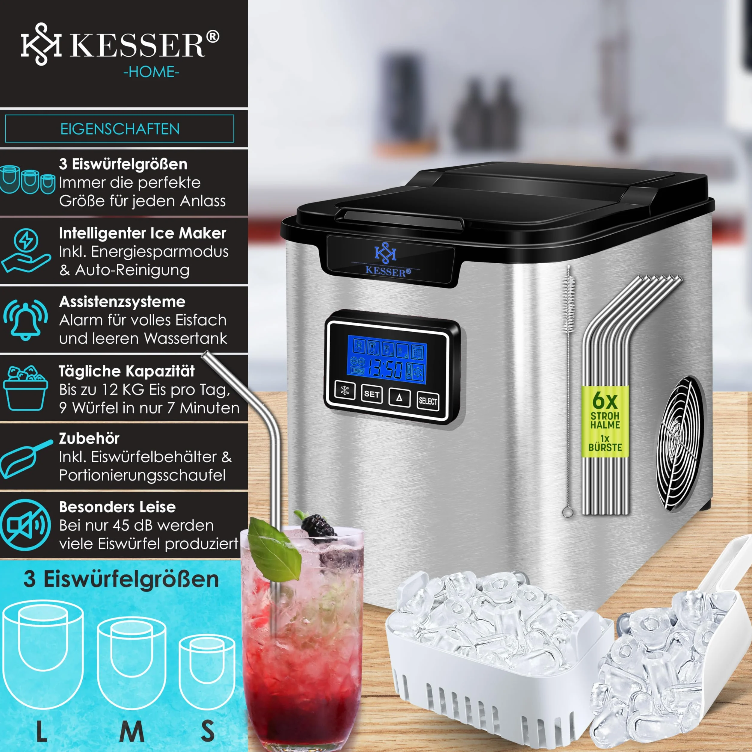 KESSER Kostkarka do lodu ze stali nierdzewnej 150 W 12 kg/24 h 3 rozmiary kostek 6 min zbiornik 2,2 l timer LCD