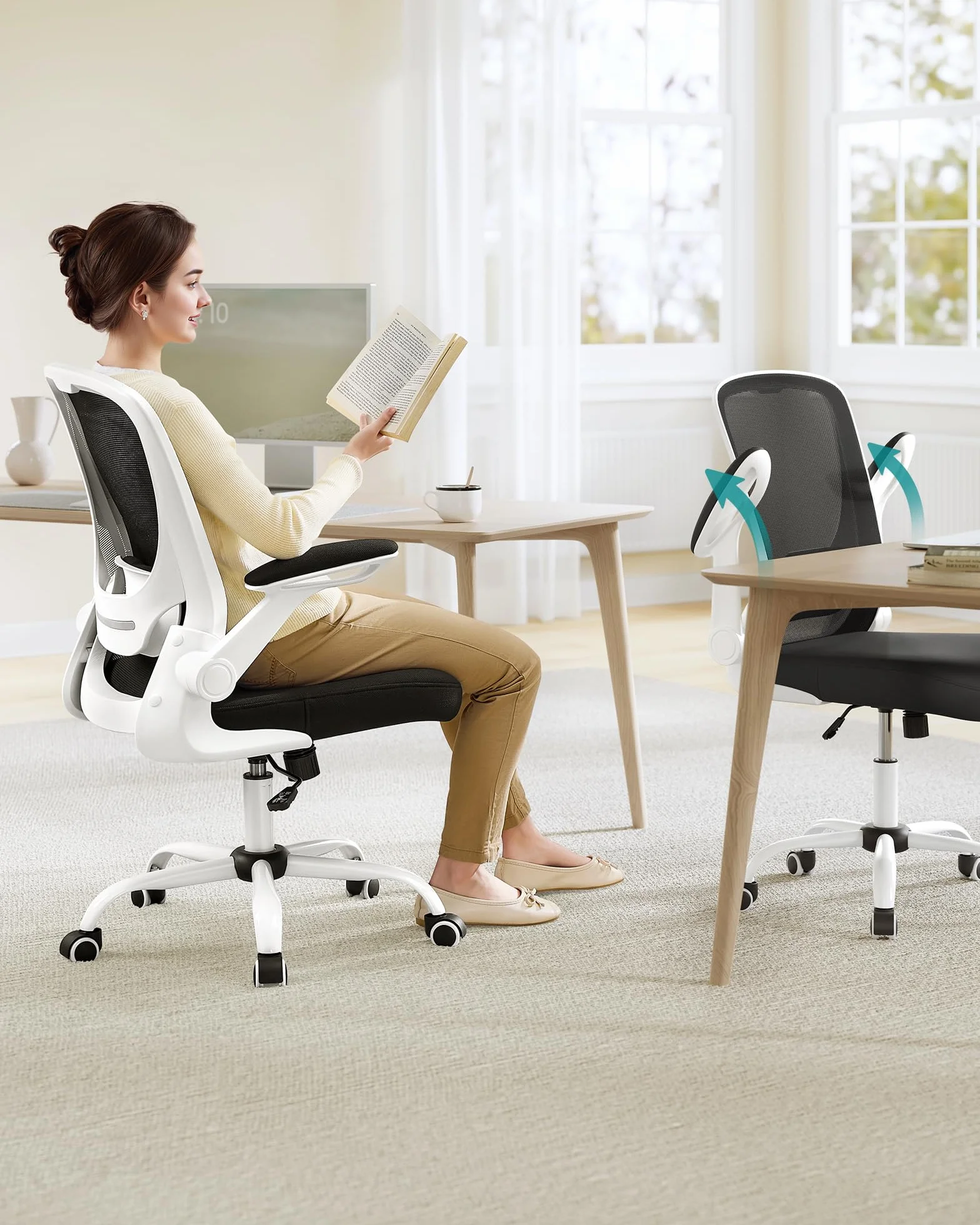 SONGMICS ergonomiczne krzesło biurowe obrotowe z siatką, podparcie lędźwiowe, funkcja bujaka, siedzisko 53 cm, składane podłokietniki, czarno-biały OBN37WTV2