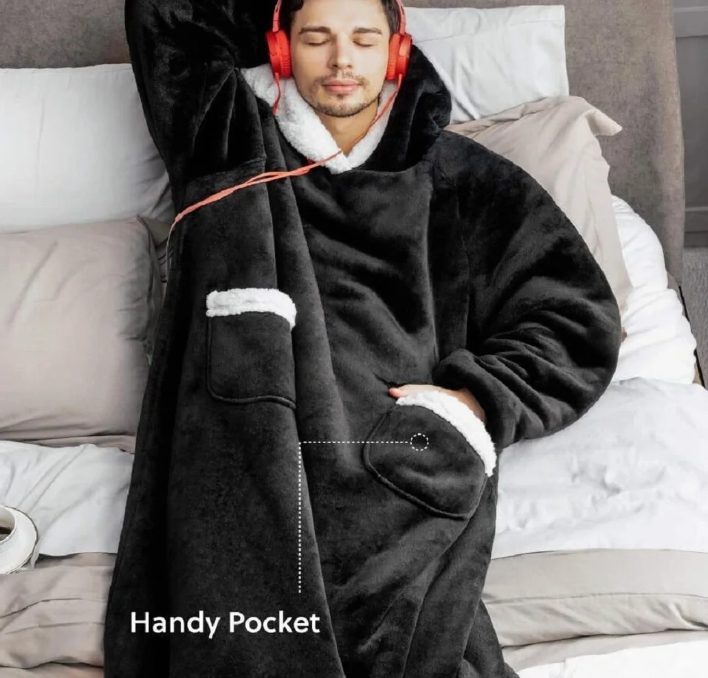 Sacebeleu Przytulny koc z rękawami, oversize, miękki koc z kapturem, Sherpa dla kobiet i mężczyzn, puszysty flanelowy koc do oglądania telewizji z rękawami, przenośny, na całe ciało, kratka