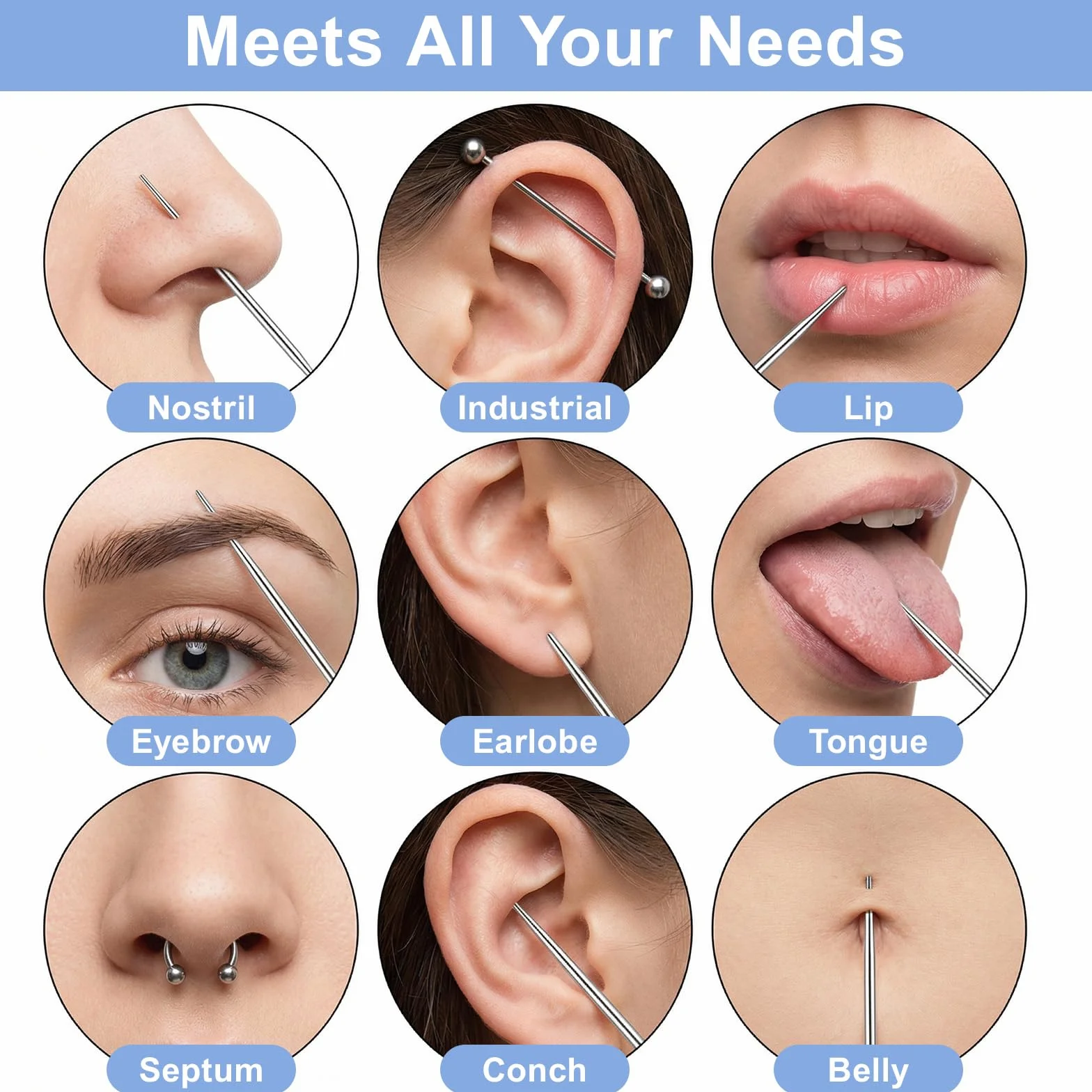 Piercing stożkowy chwytak kulkowy, narzędzie do zmiany biżuterii, 12G, 14G, 16G, 18G, 20G, bezgwintowy trzpień, ze stali nierdzewnej, płaskie, tylne, aplikator, biżuteria do ciała, do uszu, nosa