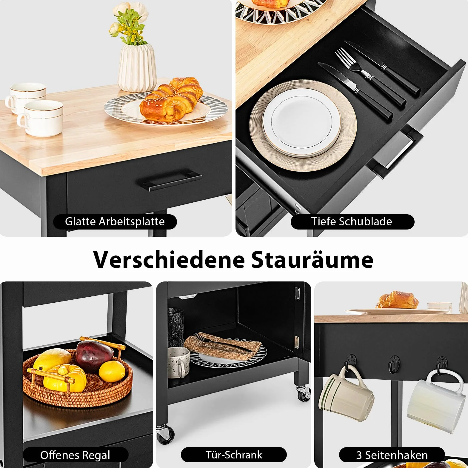 COSTWAY Mały Wózek Kuchenny na Kółkach, Wózek do Serwowania z Szafą, Szufladą i 3 Haczykami, Blat Roboczy z Drewna, Wyspa Kuchenna w Stylu Wiejskim, 56 x 46 x 89 cm