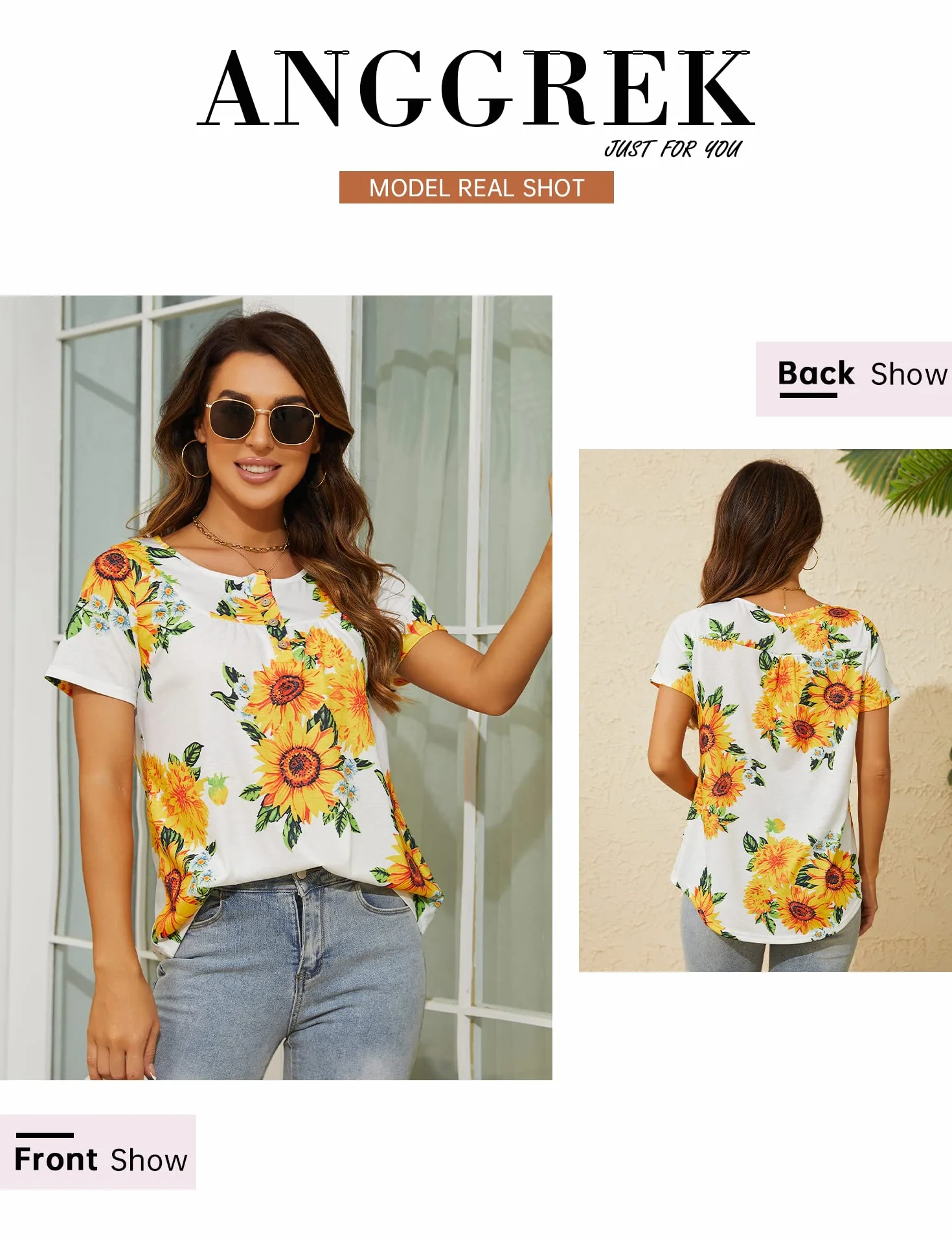ANGGREK Kwiatowa tunika, damska letnia bluzka z krótkim rękawem, luźna, okrągły dekolt, plisowana listwa guzikowa, Henley Top, elegancka koszula, S-2XL