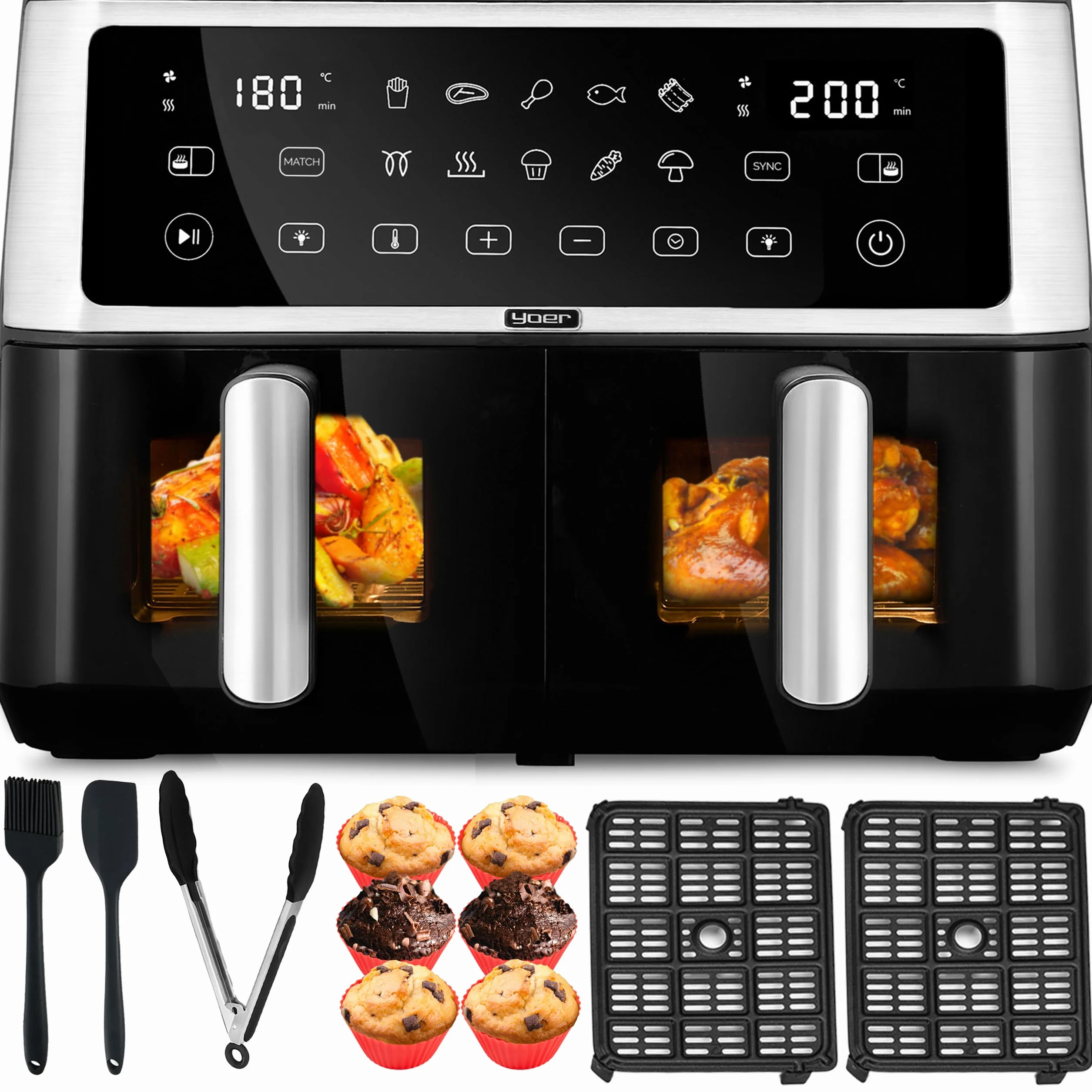 Yoer Frytkownica beztłuszczowa 10L, Airfryer, 6w1, 2850W, 2 niezależne komory, Nieprzywierająca powłoka, 10 automatycznych programów, Możliwość mycia misy w zmywarce, DualCrisp AF02BK, czarna