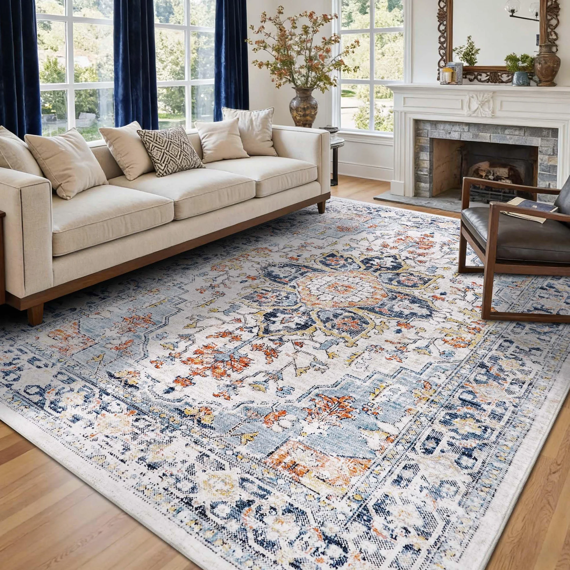 Dywan vintage 160 x 230 cm niebieski krótki włos do prania