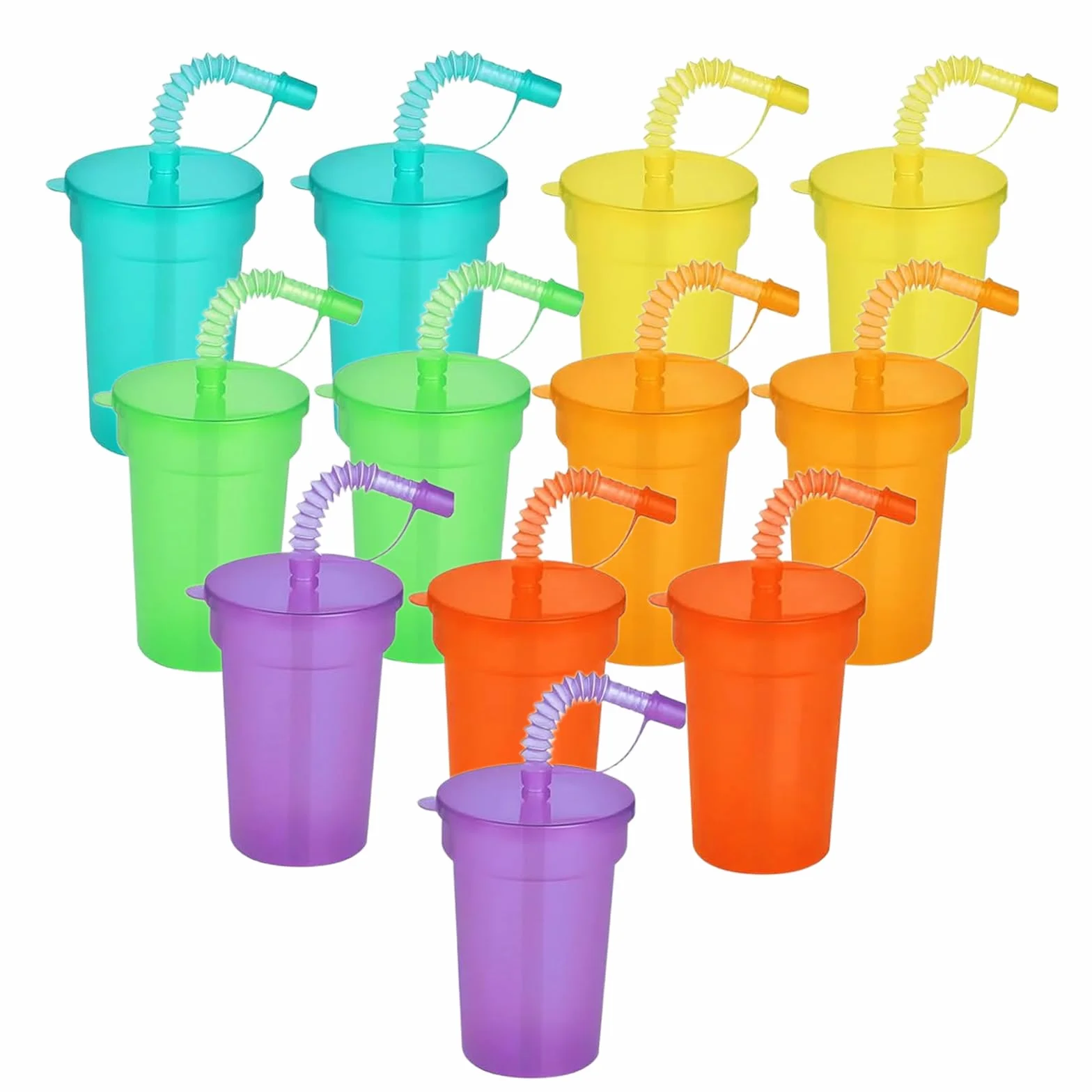 12 sztuk kubków, kubków imprezowych, z pokrywką i słomkami, 380 ml, plastikowe kubki wielokrotnego użytku, neonowe kubki do kawy mrożonej, zimnej i smoothie