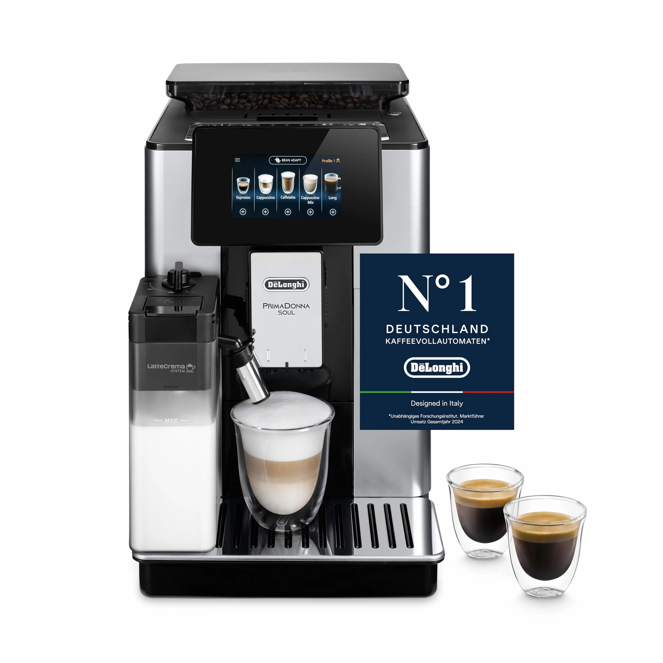 De'Longhi ECAM612.55.SB PrimaDonna Soul Automatyczny Ekspres do Kawy Ziarnistej, 1450 W, LatteCrema, Bean Adapt, Srebrny