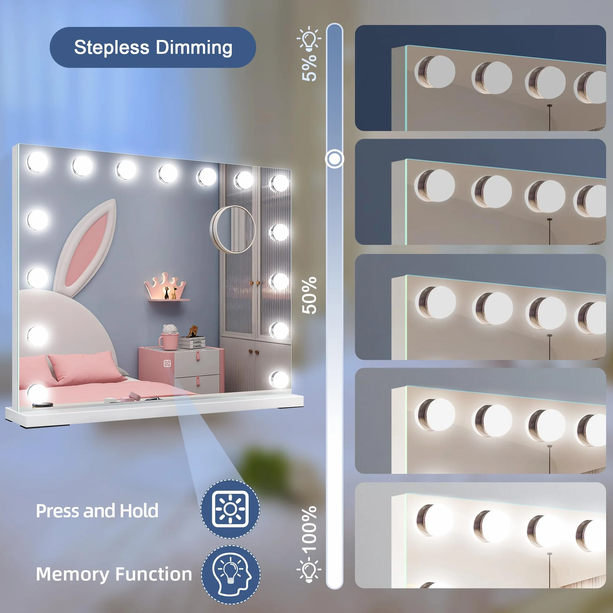 Lustro do Makijażu Hollywood z Oświetleniem 58x46 cm 10x Lupa USB 3 Tryby Świecenia 15 Diod LED
