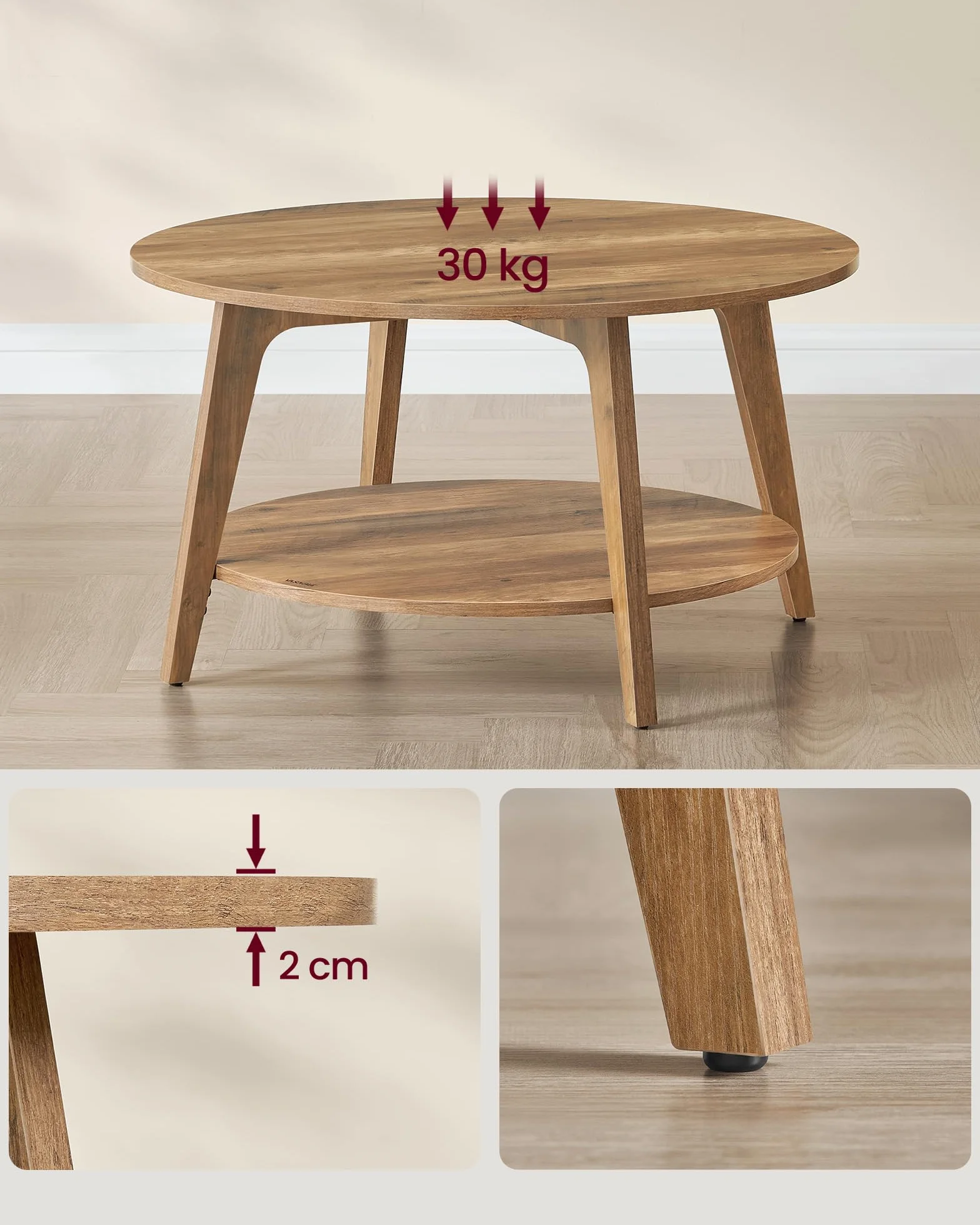 VASAGLE Okrągły stolik kawowy, stolik do salonu 2 poziomy, stolik kawowy do salonu, 80 cm gł., 45 cm wys., łatwy w montażu, miodowy brąz LCT243K41