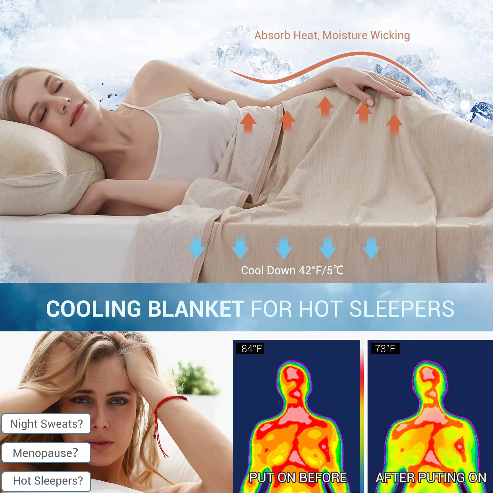 Marchpower Koc chłodzący 200 x 220 cm, japońskie Arc-Chill Q-Max > 0,43 włókna chłodzące, beżowy