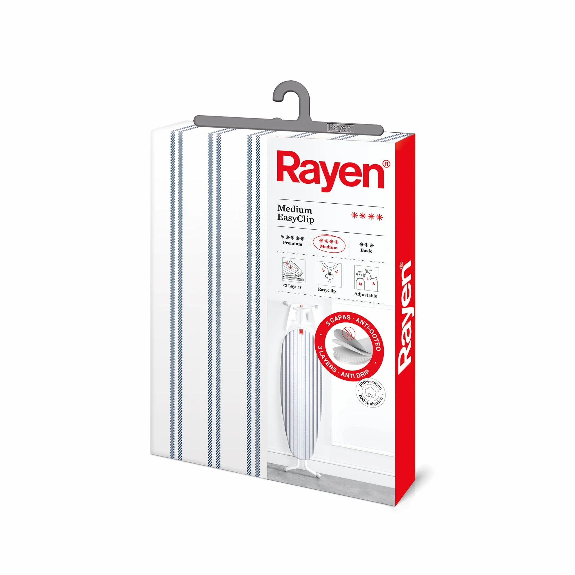 Rayen | Uniwersalny pokrowiec na deskę do prasowania | Pokrowiec do prasowania EasyClip Adjustment | 3 warstwy: pianka i tkanina 100% bawełniana | Rozmiar: 130 x 47 cm | Niebiesko-biały nadruk