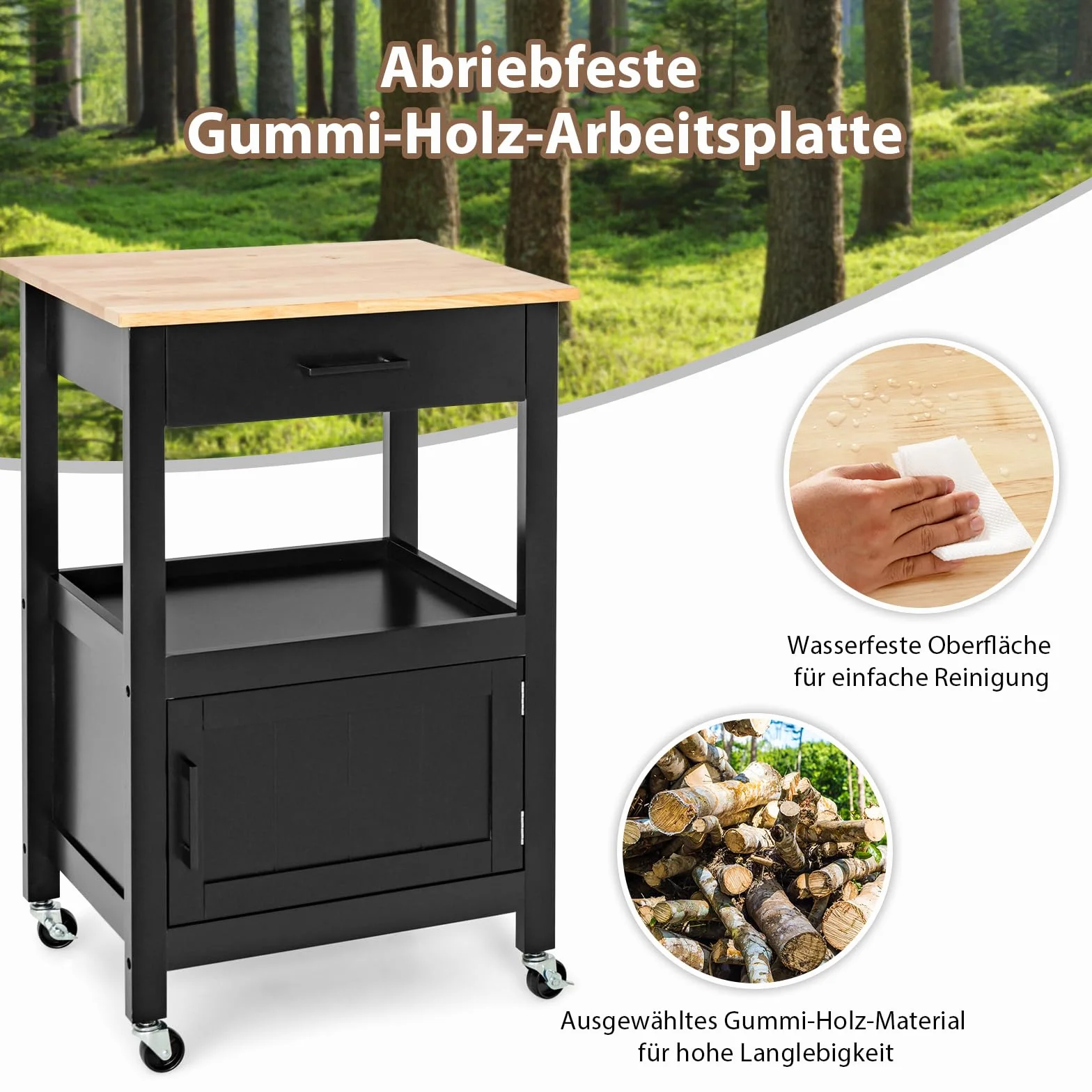 COSTWAY Mały Wózek Kuchenny na Kółkach, Wózek do Serwowania z Szafą, Szufladą i 3 Haczykami, Blat Roboczy z Drewna, Wyspa Kuchenna w Stylu Wiejskim, 56 x 46 x 89 cm