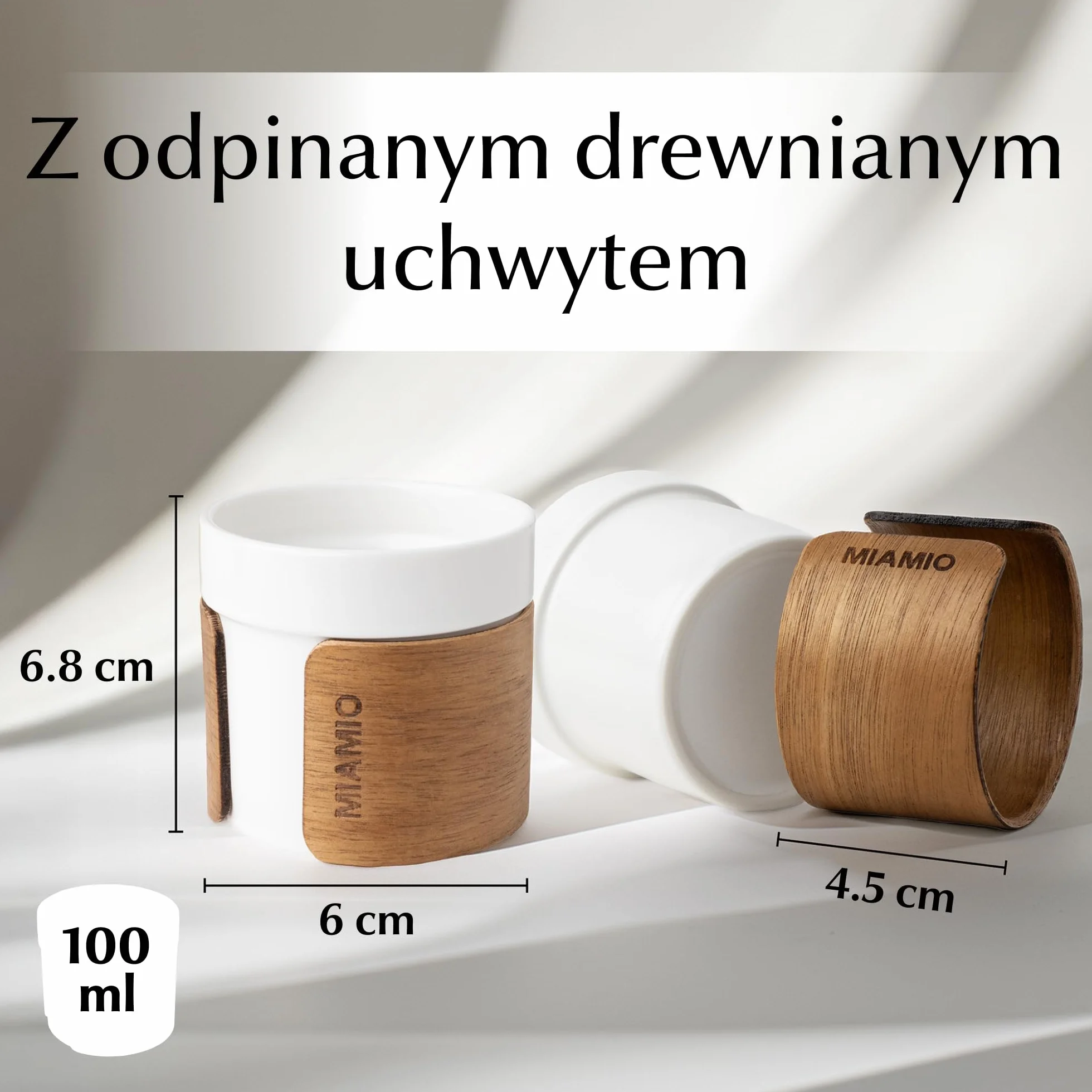 MIAMIO – Zestaw filiżanek do espresso 4 szt. (100 ml) Filiżanki do herbaty w stylu japońskim z ceramiki/Filiżanki bez uchwytu z demontowanym drewnianym mankietem (Biały)