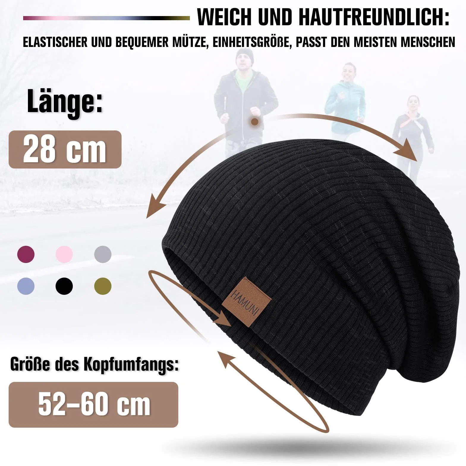 Hamuni Slouch Beanie Czapka damska, męska, elastyczna, miękka, wygodna, z dżerseju, klasyczna, modna, długa czapka typu beanie, idealna na wiosnę, jesień i zimę, czarny, jeden rozmiar