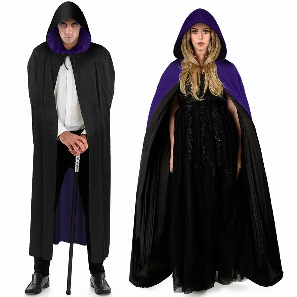 AOOWU Peleryna z kapturem dla dorosłych, odwracalna czarno-czerwona peleryna z kapturem, peleryna wampira, płaszcz czarownicy dla dorosłych, fantazyjny kostium na Halloween, Boże Narodzenie,