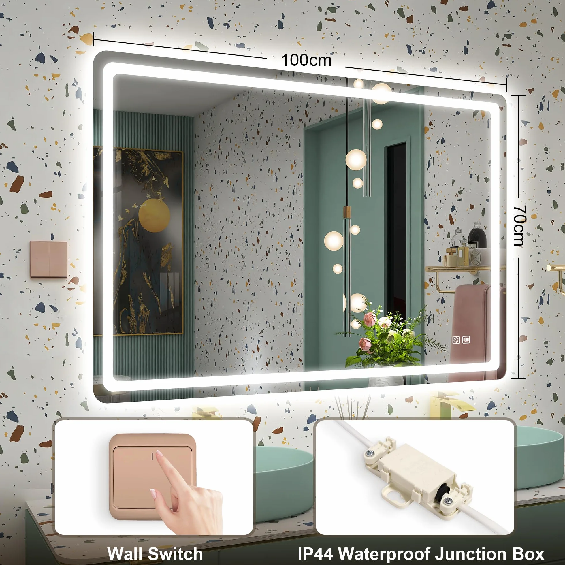 STARLEAD Lustro-LED-łazienka z oświetleniem 100x70cm, lustro LED z 3 kolorami światła, przeciwmgielne, ściemnialne, pamięć, IP44, szkło hartowane, poziome/pionowe