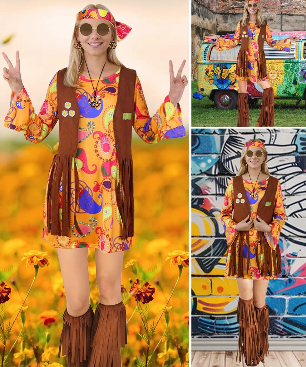 TOLOYE Fantazyjna sukienka dla kobiet w stylu lat 70., kostium hipisowski, z kamizelką z frędzlami, boho, opaska na głowę, zestaw naszyjników w stylu lat 60. XX wieku, sukienka hipisowska, na