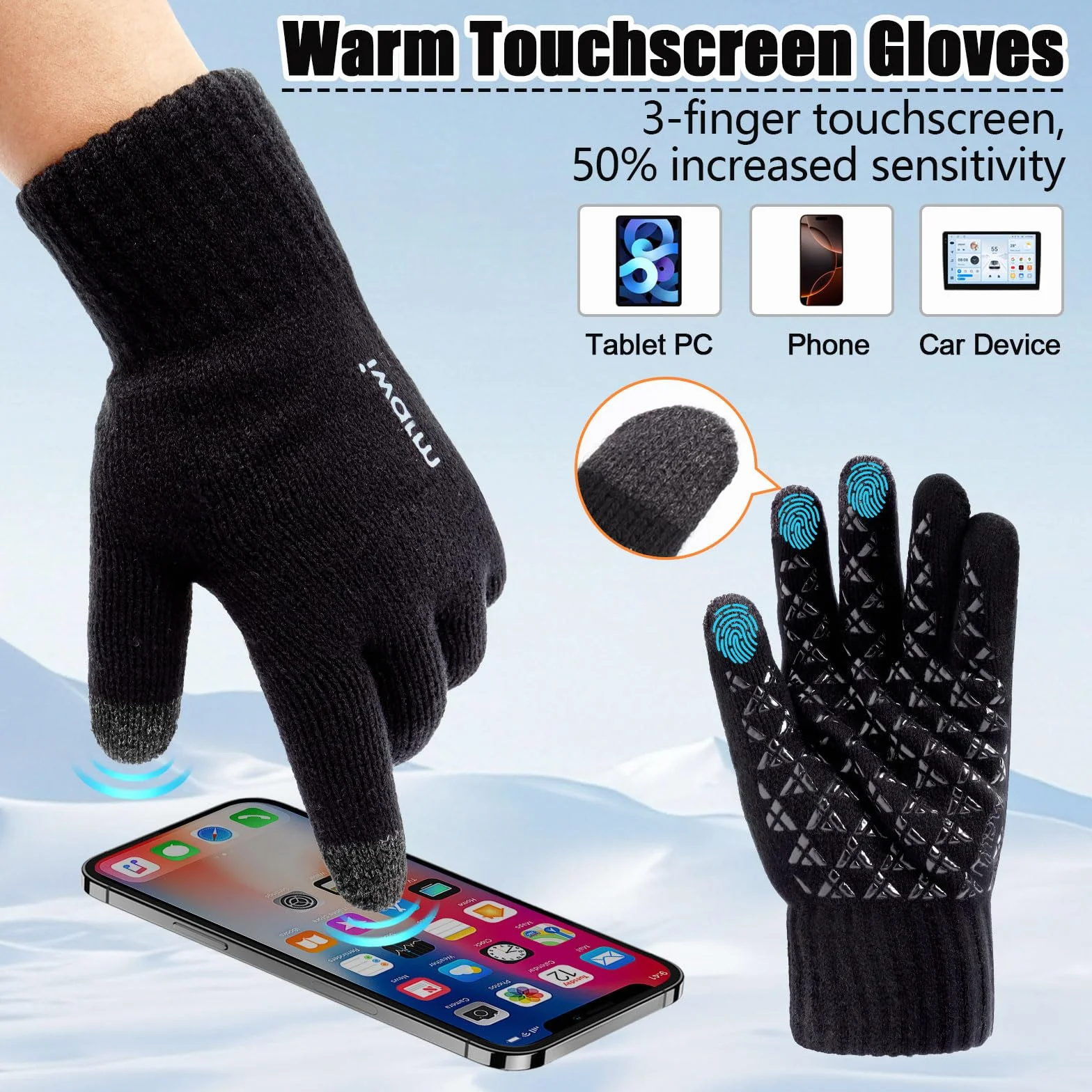 Touchscreen Gloves, Unisex Sports Glove, Outdoor Running Gloves, Ciepłe wiatroodporne zimowe z Antypoślizgowy Uchwyt z polaru do biegania, turystyki pieszej (Czarny)