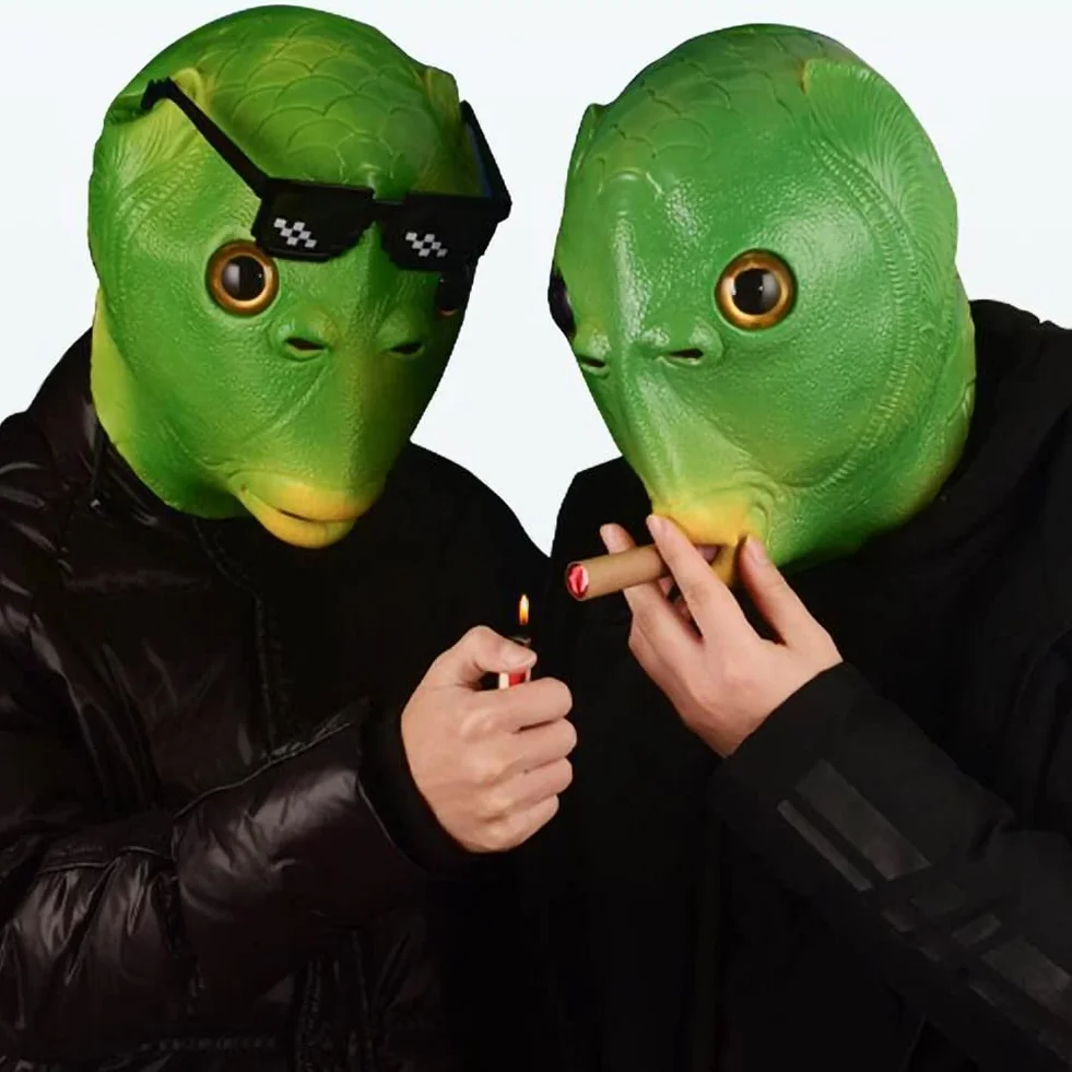 Realistyczna maska lateksowa rybna HUYIWEI zielona głowa ryby kostium karnawałowy Halloween dla dzieci od 14 lat