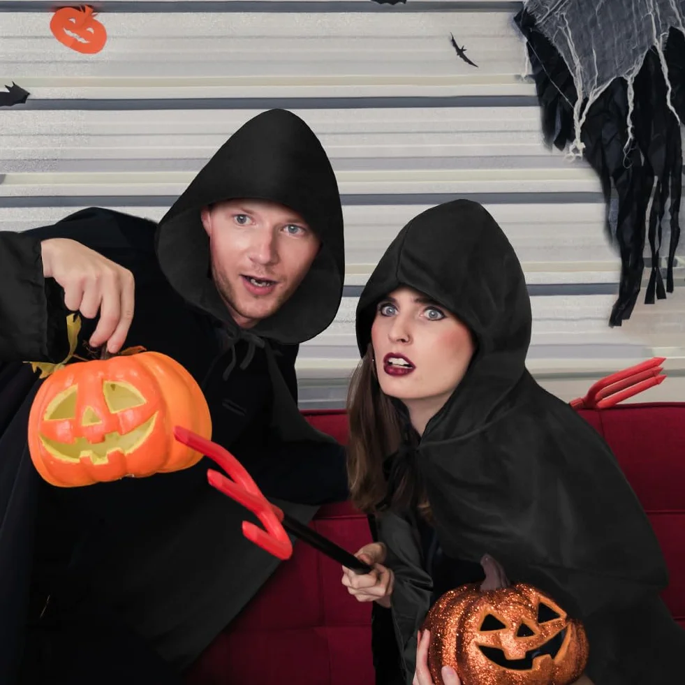 AOOWU czarna peleryna z kapturem na Halloween, kostium czarownicy, peleryna z wampirem do przebrania za króla i księcia, karnawał i imprezy tematyczne, czarny