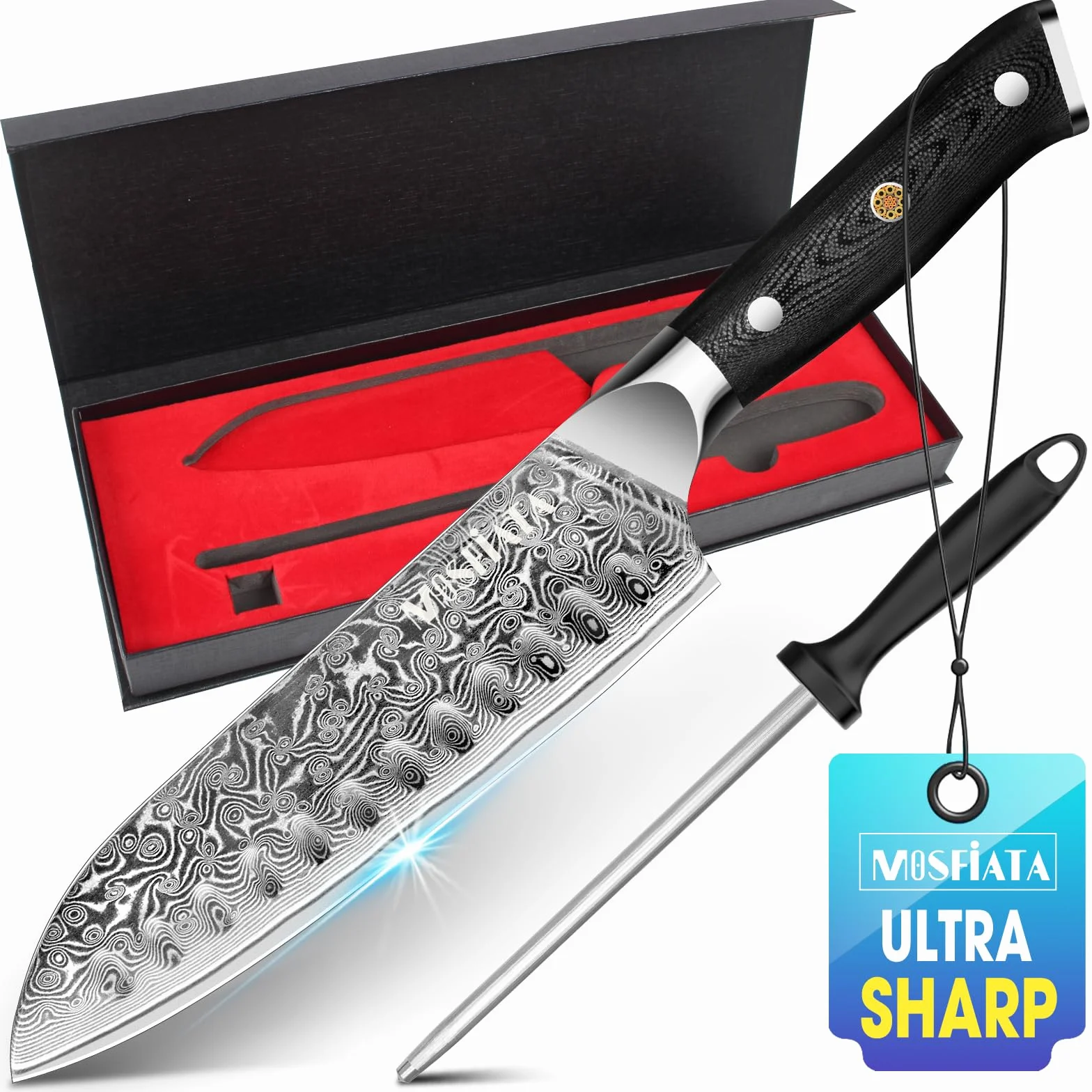 Nóż Santoku damasceński japoński szefa kuchni z ostrzałką, prezent