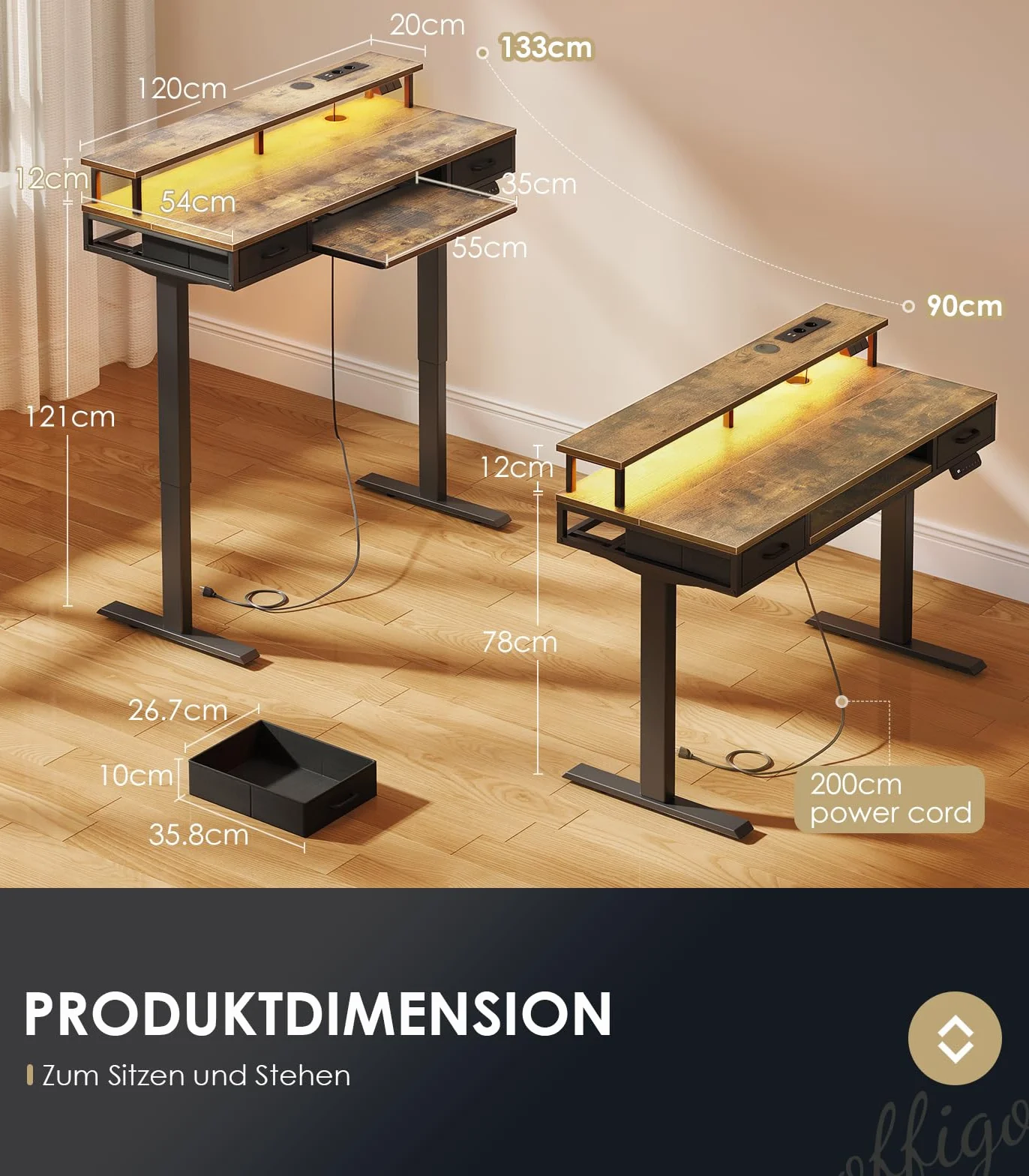 OffiGo Biurko elektryczne z regulacją wysokości, 120 cm, z 2 szufladami, biurko ze stojakiem na monitor i półką na klawiaturę do biura, styl vintage, brązowe