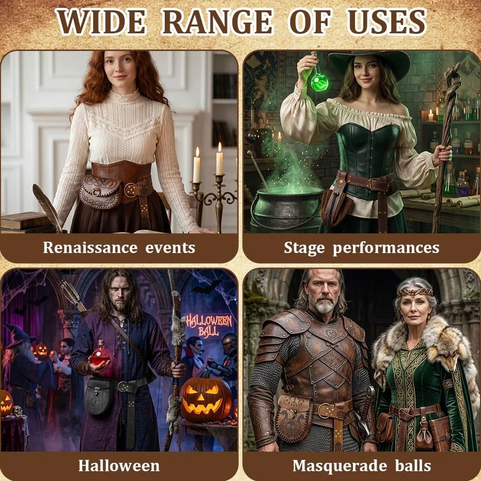 Średniowieczny pas z torebką, 2 szt. Kostium Nekromanty na Halloween, torba renesansowa, nadaje się do przebrania średniowiecznego kostiumu na cosplay Piraci czarownice rycerze renesansowi