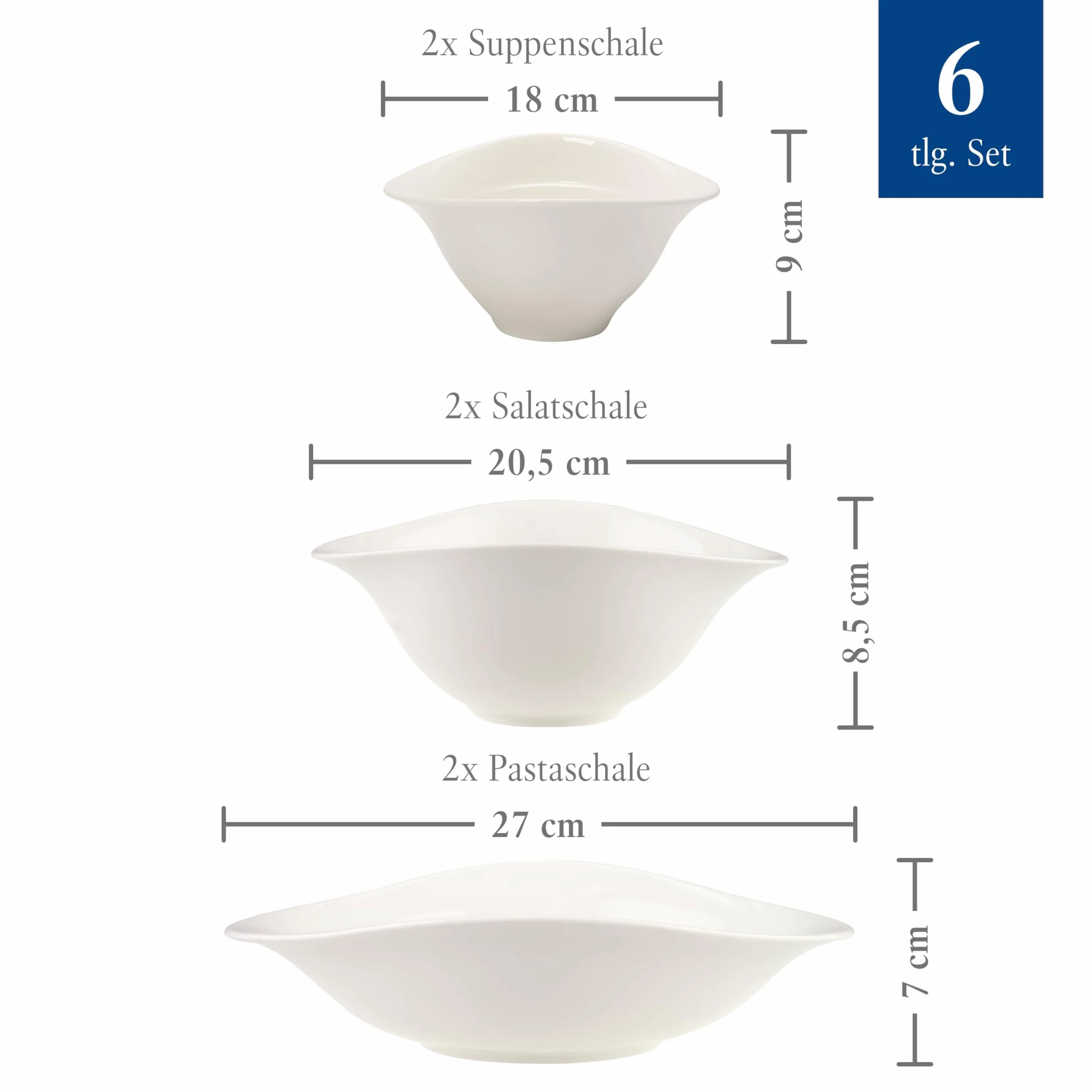 Villeroy & Boch – Vapiano zestaw misek Trio, 6-cz. zestaw naczyń, idealny do obiadu dla dwóch osób, porcelana Premium, można myć w zmywarce, można używać w kuchence mikrofalowej, kolor biały