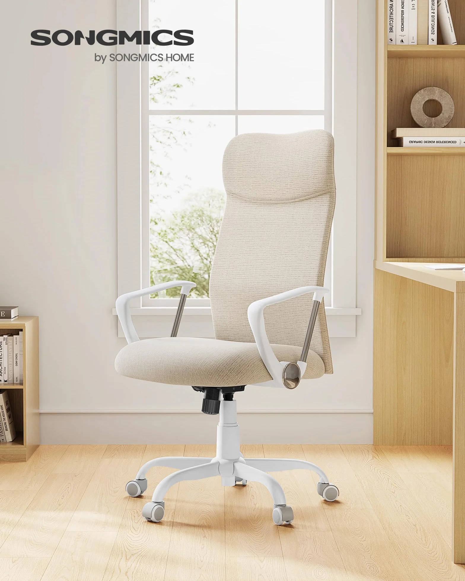 SONGMICS Fotel biurowy, ergonomiczne krzesło, obrotowe siedzisko, wyściełane siedzisko, regulacja wysokości i nachylenie, nośność 120 kg, beżowy Cappuccino OBN034K01