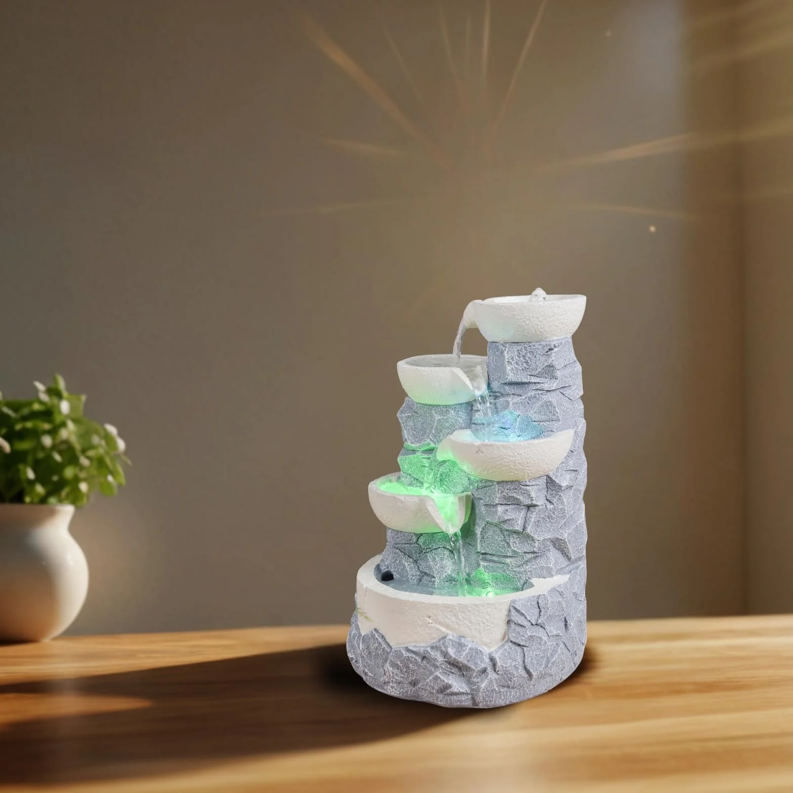 Zen'Light SCFR22-F6 wewnętrzna wodospad 4 poziomy słoik efekt kamienia naturalnego kolorowe diody LED, dekoracja wnętrz Zen i odpoczynek, fontanna stołowa, H 31cm - Ganda Zen'Light, Szary