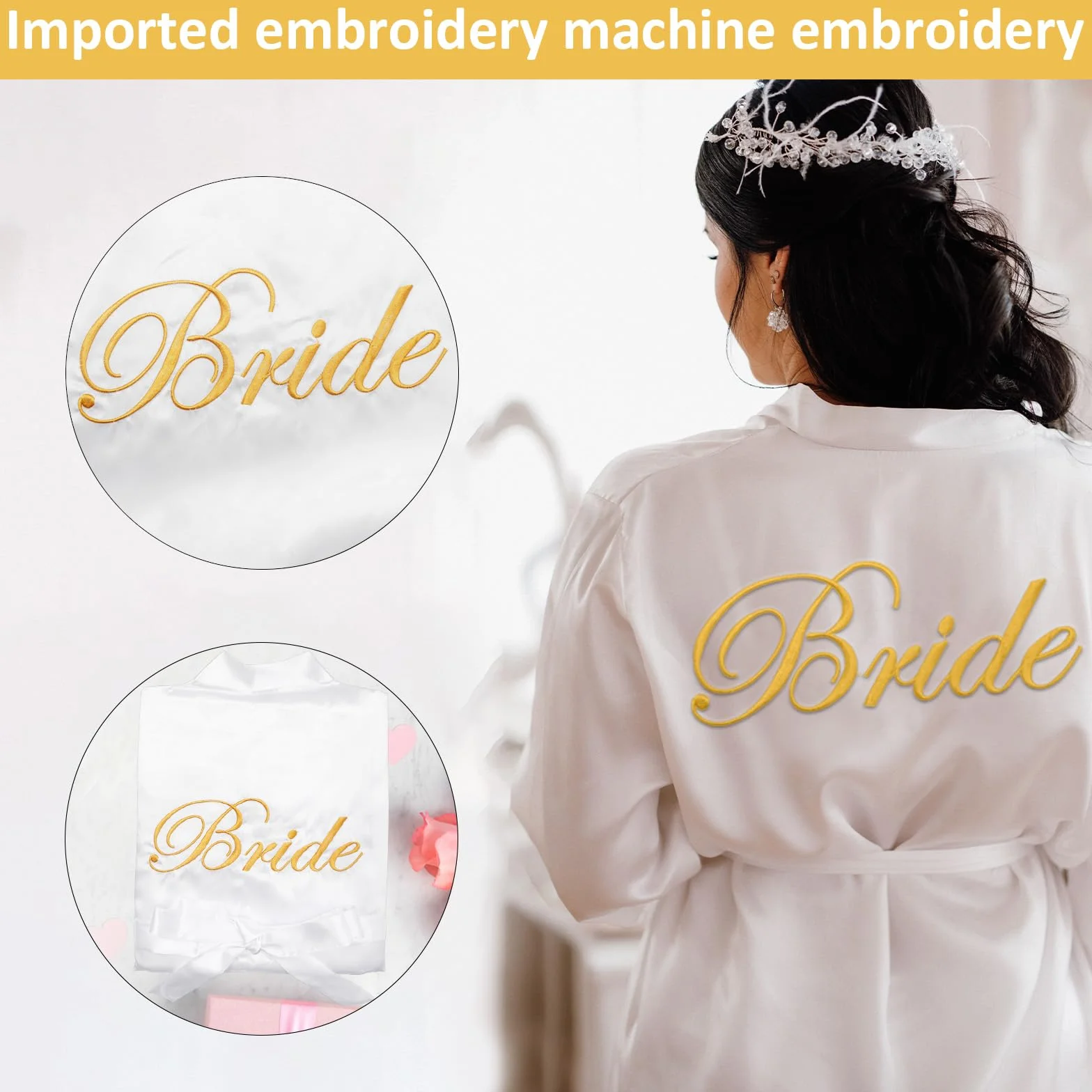 HENGBIRD Bride damski szlafrok satynowy kimono dekolt w serek bielizna nocna z kapciami na wesele dekoracja imprezowa JGA biały, XL