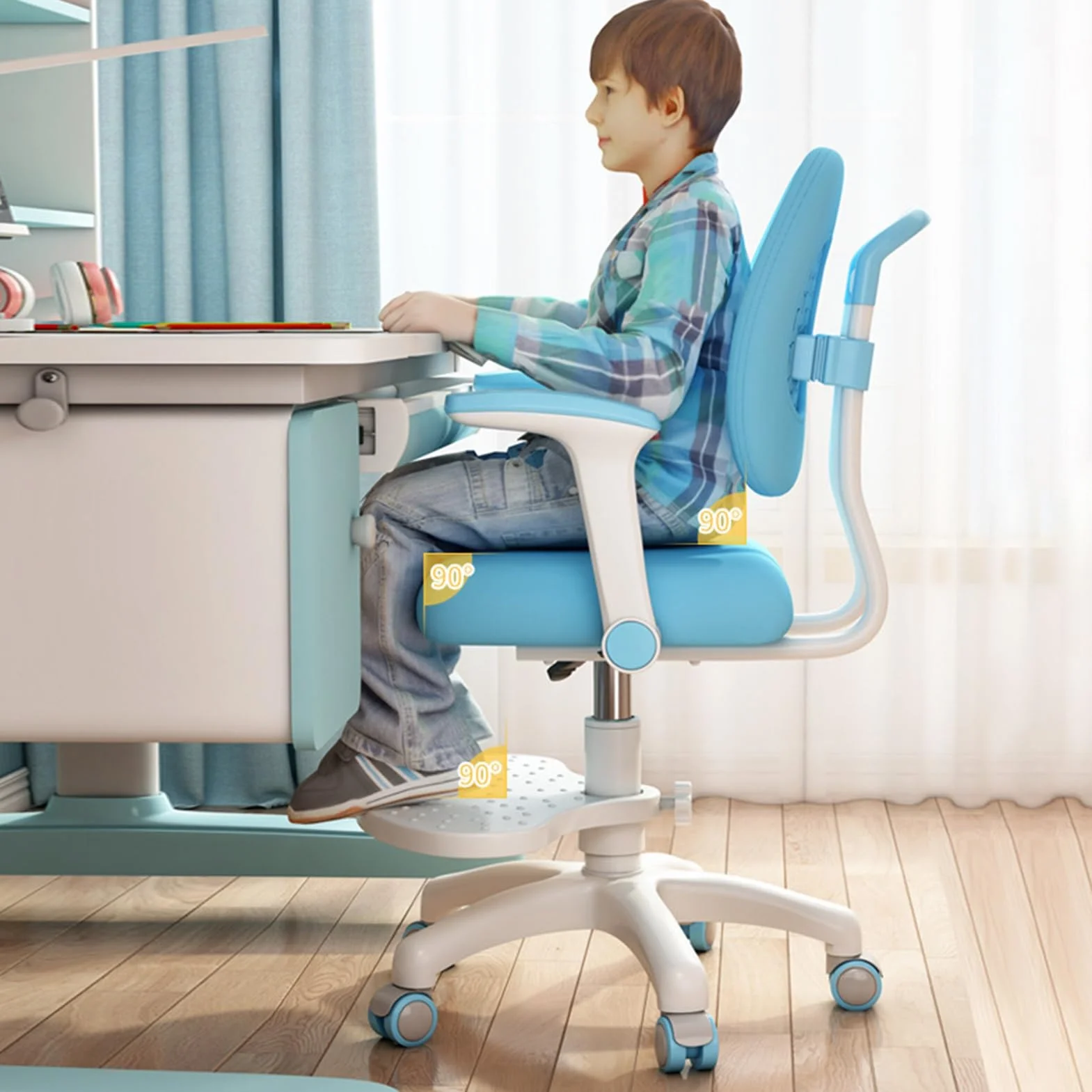 Haloppe Krzesło biurowe dla dzieci z kołami 360 stopni, ergonomiczne, samoblokujące, niebieskie