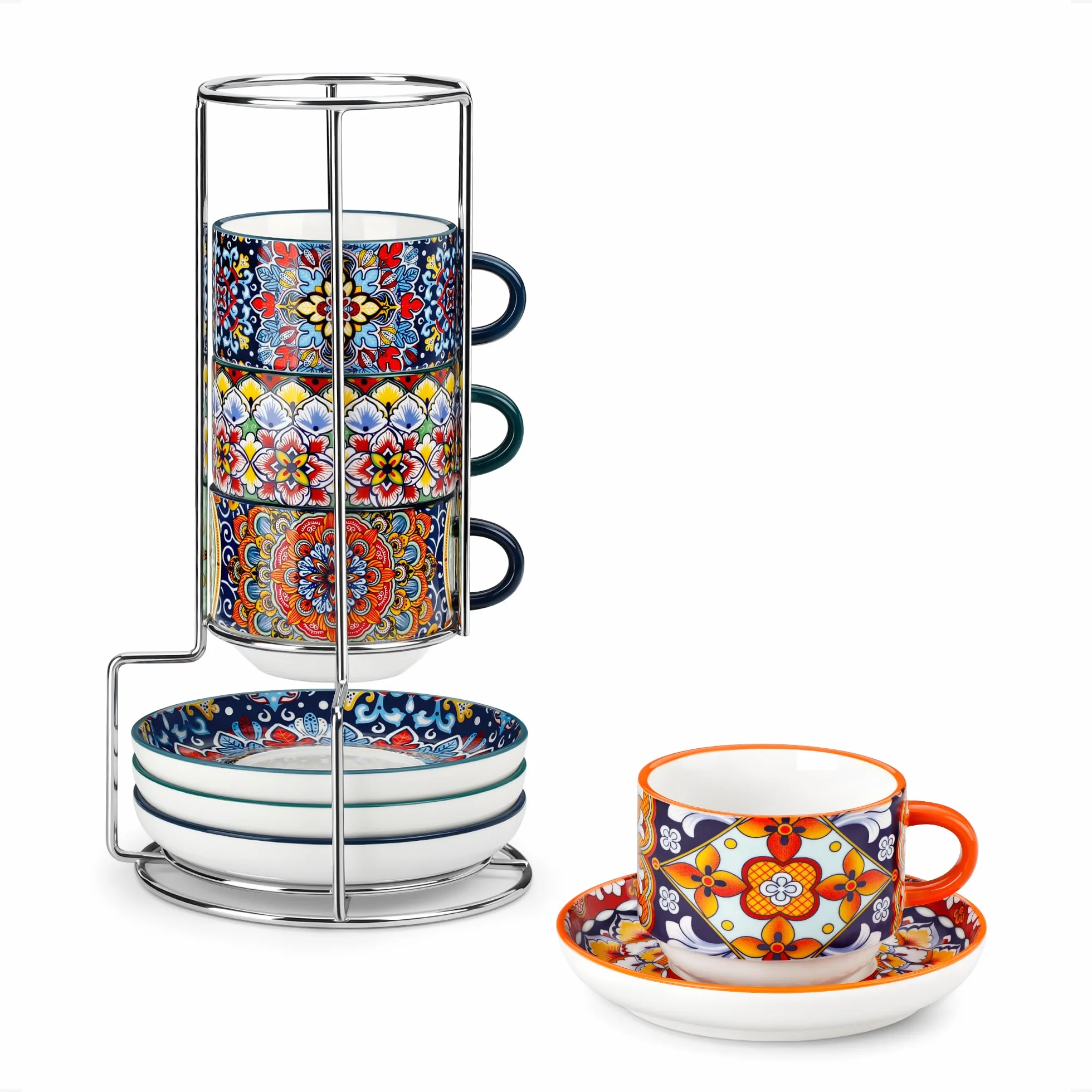 Vancasso Zestaw filiżanek SIMI 4 x 120ml porcelanowe do espresso z metalowym stojakiem