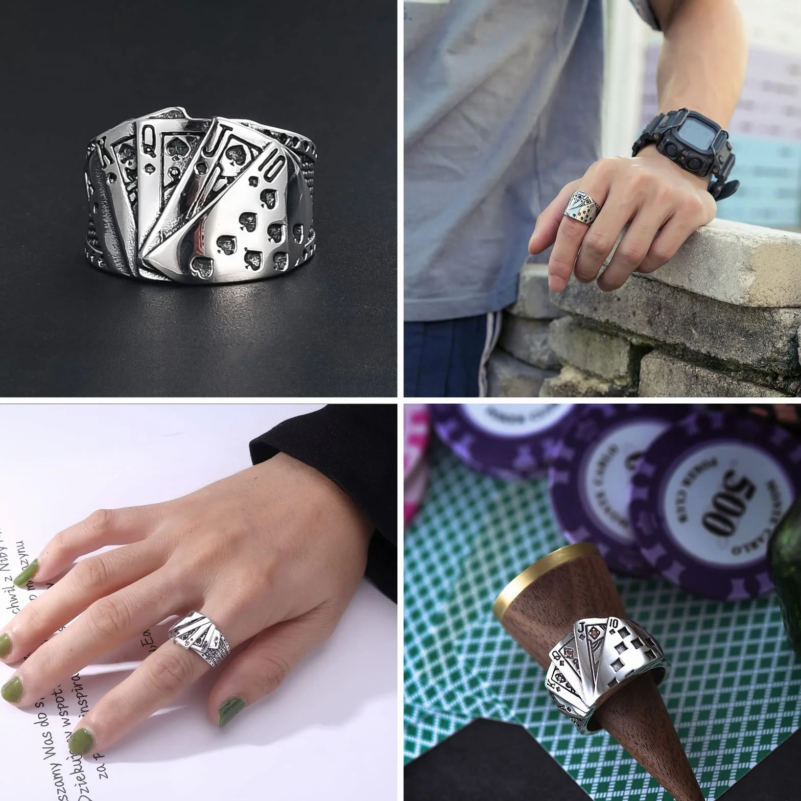 Vintage punk chunky pierścionki poker gotyckie srebrne serca k pik