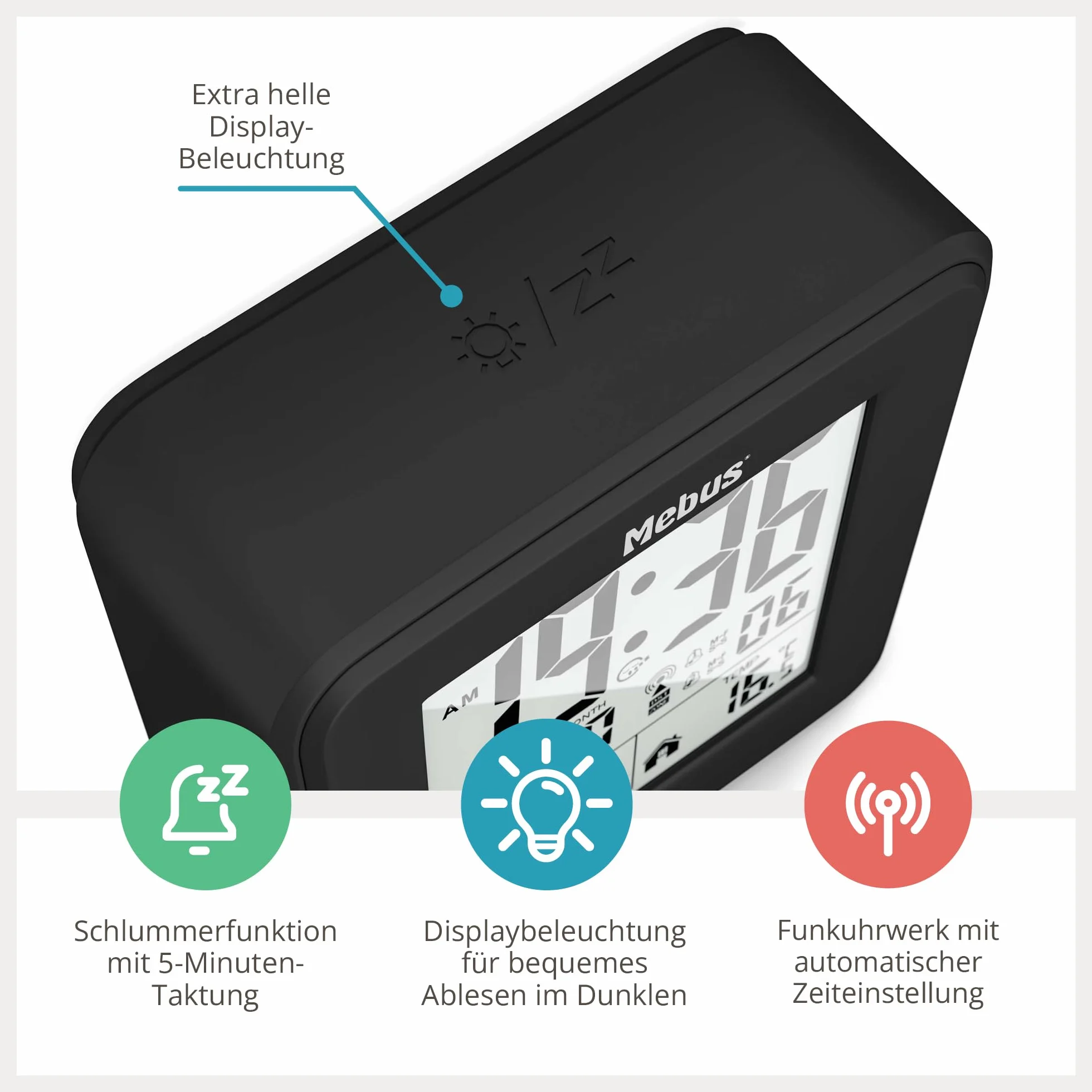 MEBUS Digitaler Funk-Wecker mit Thermometer Beleuchtung Kalender Schwarz Modell 25595