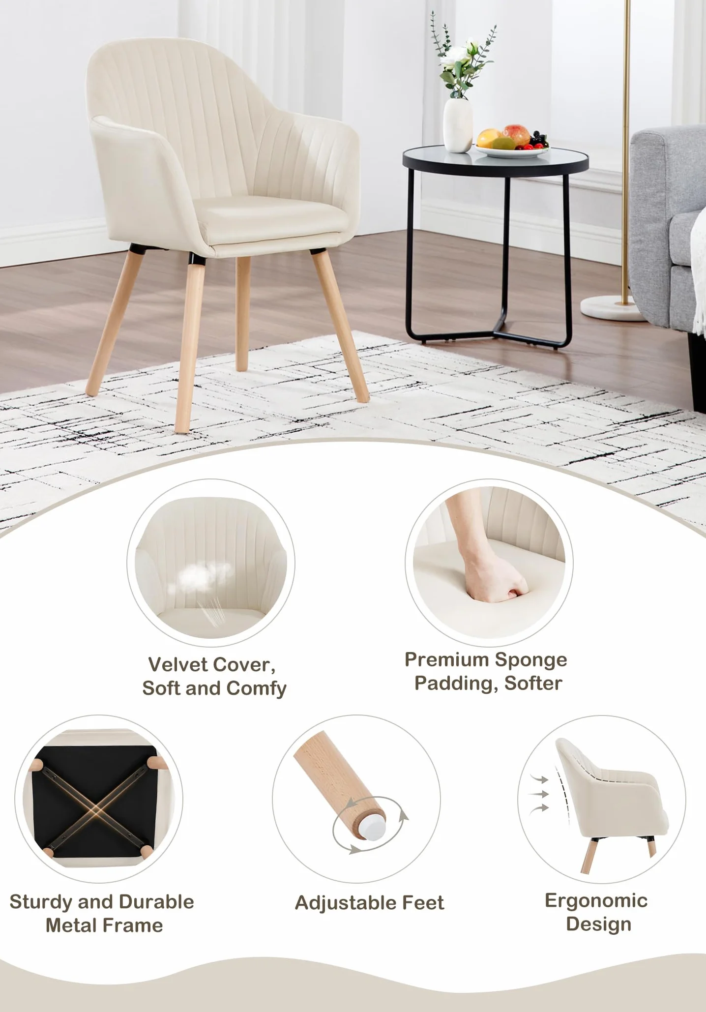 WOLTU 2 x krzesło do jadalni, krzesło kuchenne, tapicerowane, do salonu, designerskie krzesło z podłokietnikami, aksamitne, lite drewno, kremowo-biały BH95cm-2