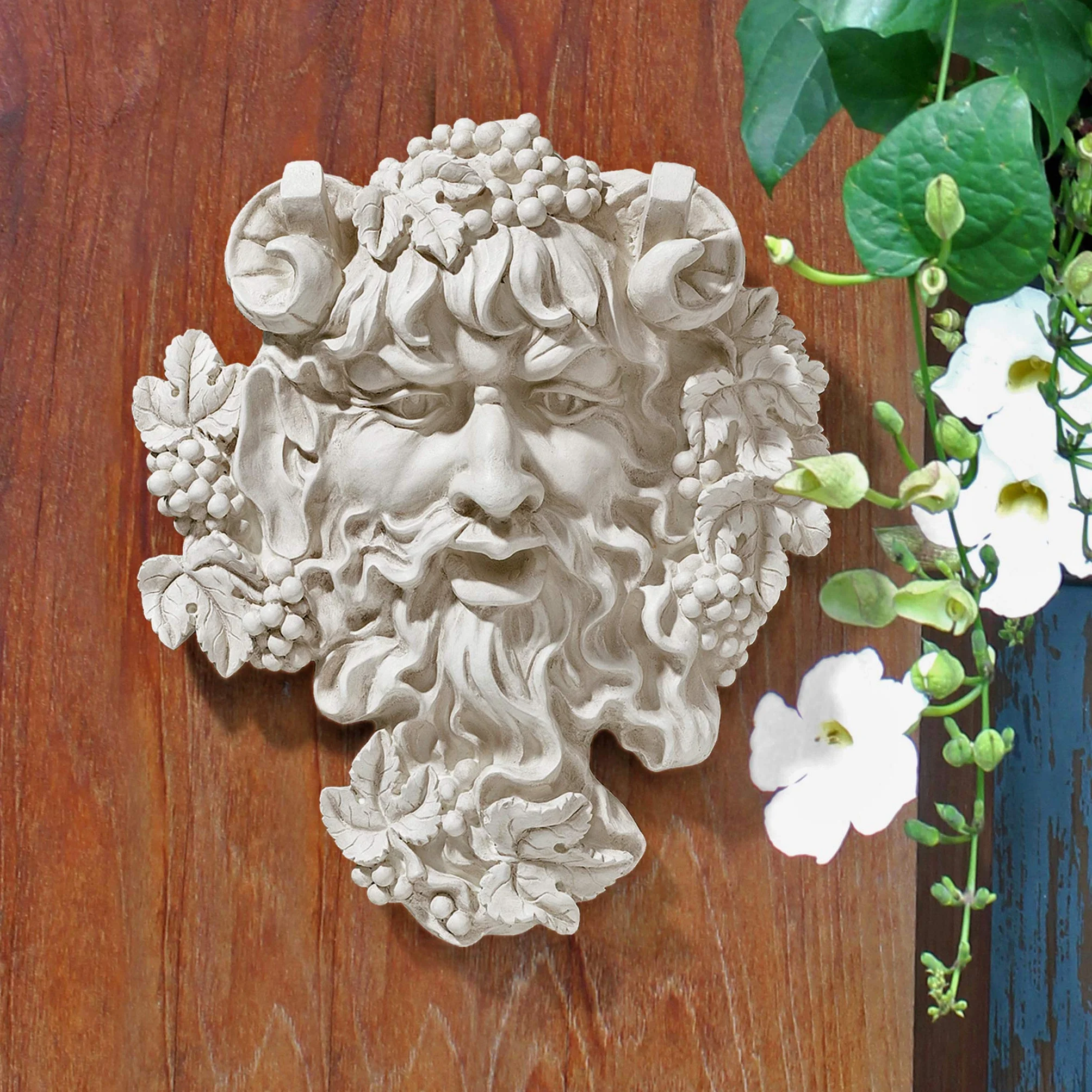 Design Toscano Bachus God of Wine Greenman rzeźba ścienna 30 cm żywica poliestrowa antyczny kamień
