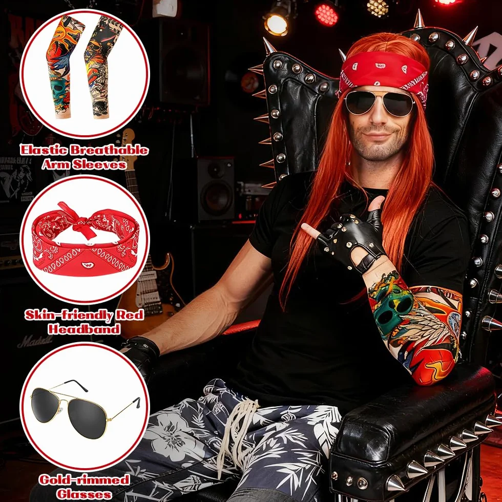 Męski kostium Rocker Star z lat 70-80-tych, ADDLIVE 9 sztuk punk rock dla mężczyzn z zabawnymi perukami, rękawy z tatuażami, bransoletka z ćwiekami, chustka na gitarę rękawiczki okulary