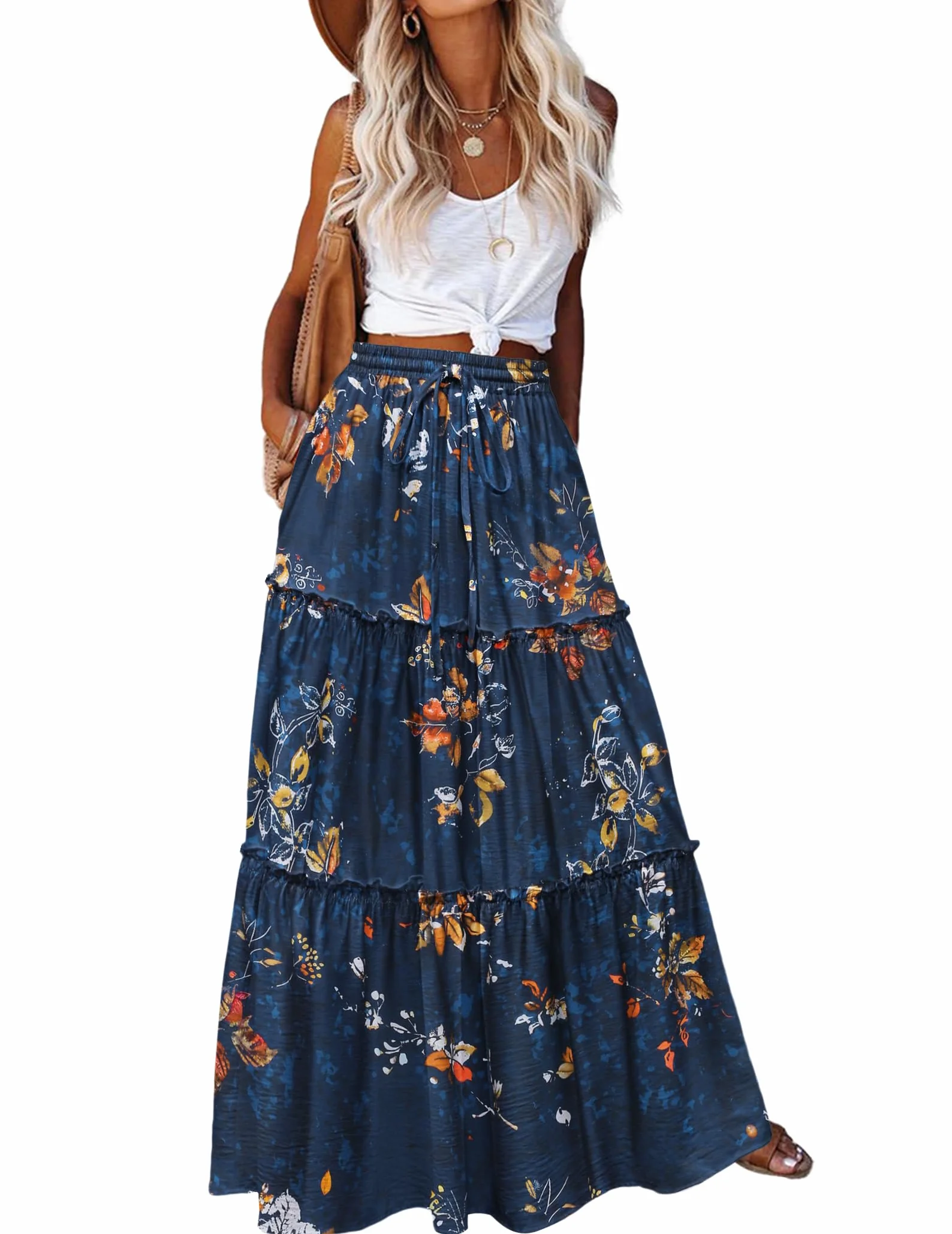 Hotouch Spódnica damska, wysoka talia, elegancka spódnica maxi, linia A, warstwowa, ze ściągaczem, spódnica w kwiaty, z kieszeniami