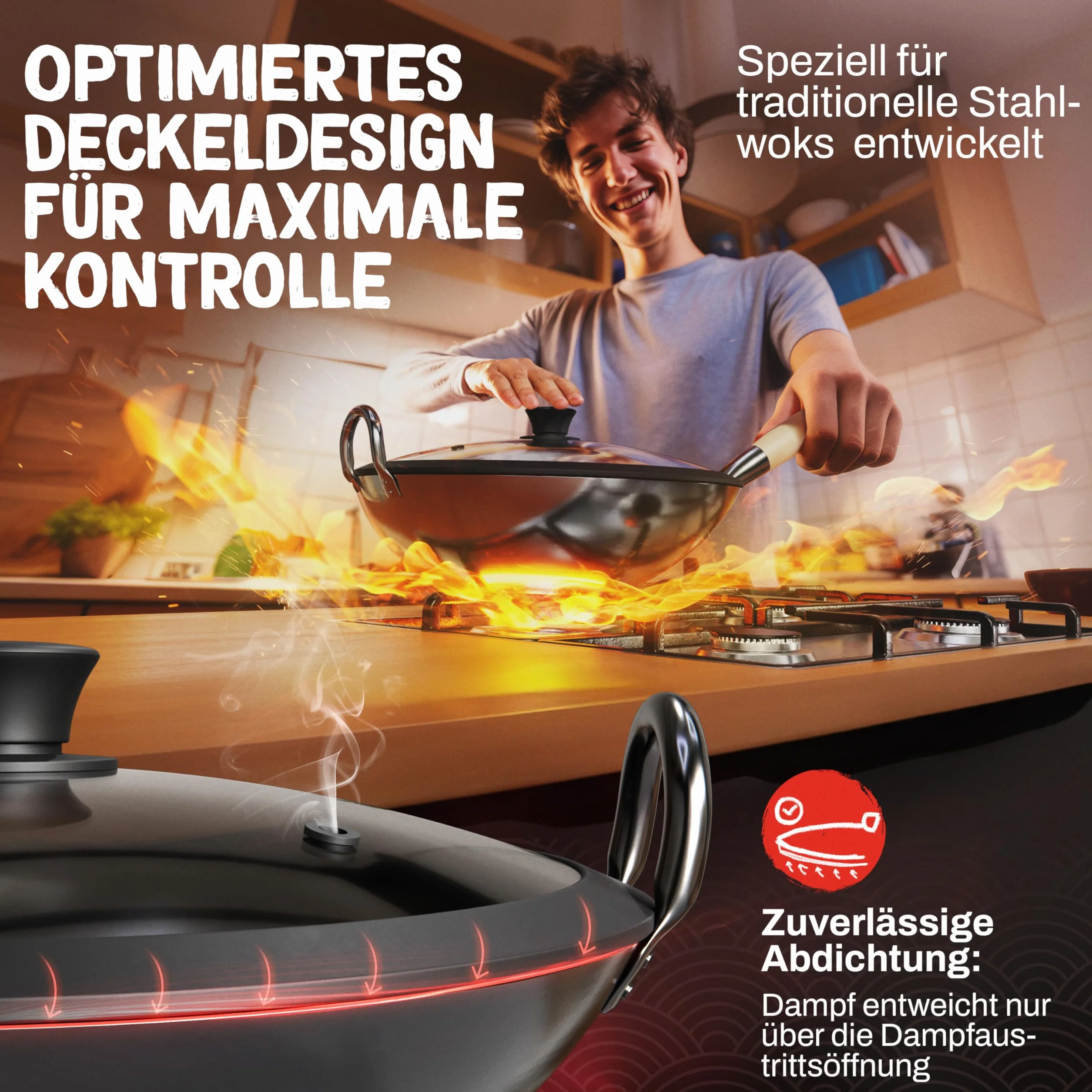 Flavemotion Pokrywa wok 30 cm szkło silikonowa krawędź wylot pary