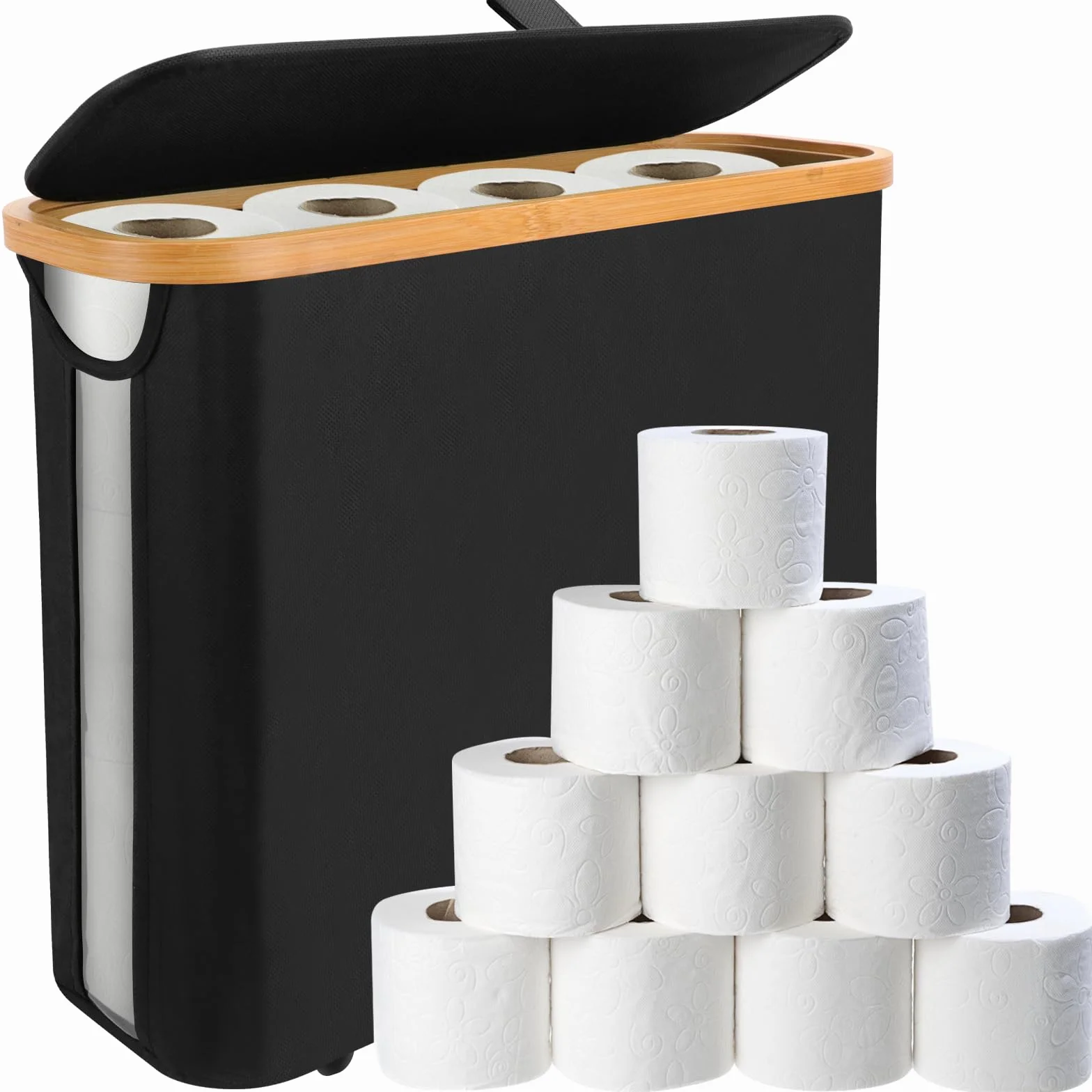 SelfTek Organizer na papier toaletowy z pokrywą i bocznym okienkiem, organizer na papier toaletowy, wielofunkcyjny, składany