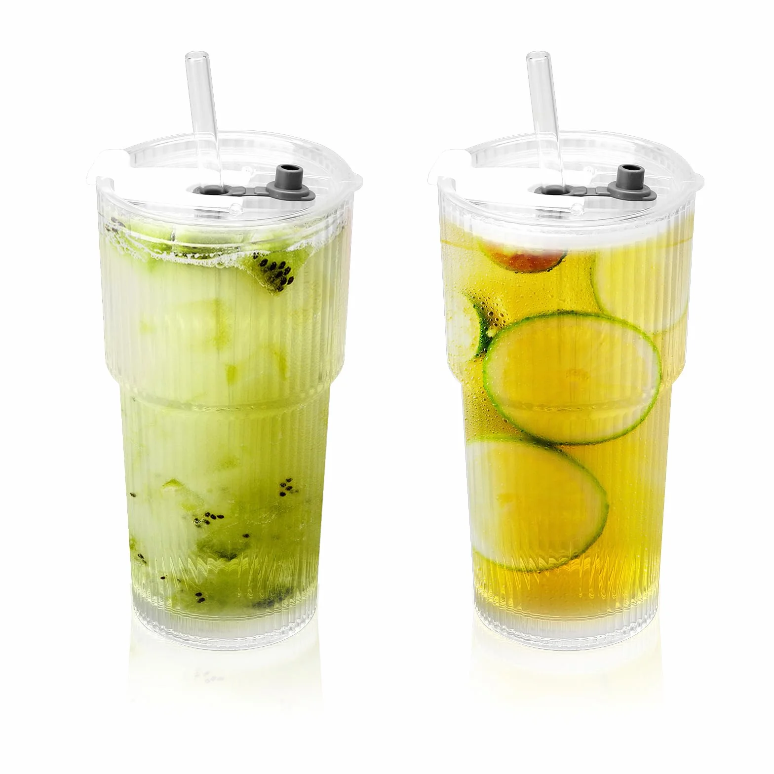 DAWRIS Szklane kubki 600 ml z pokrywką i słomką do smoothie i kawy mrożonej