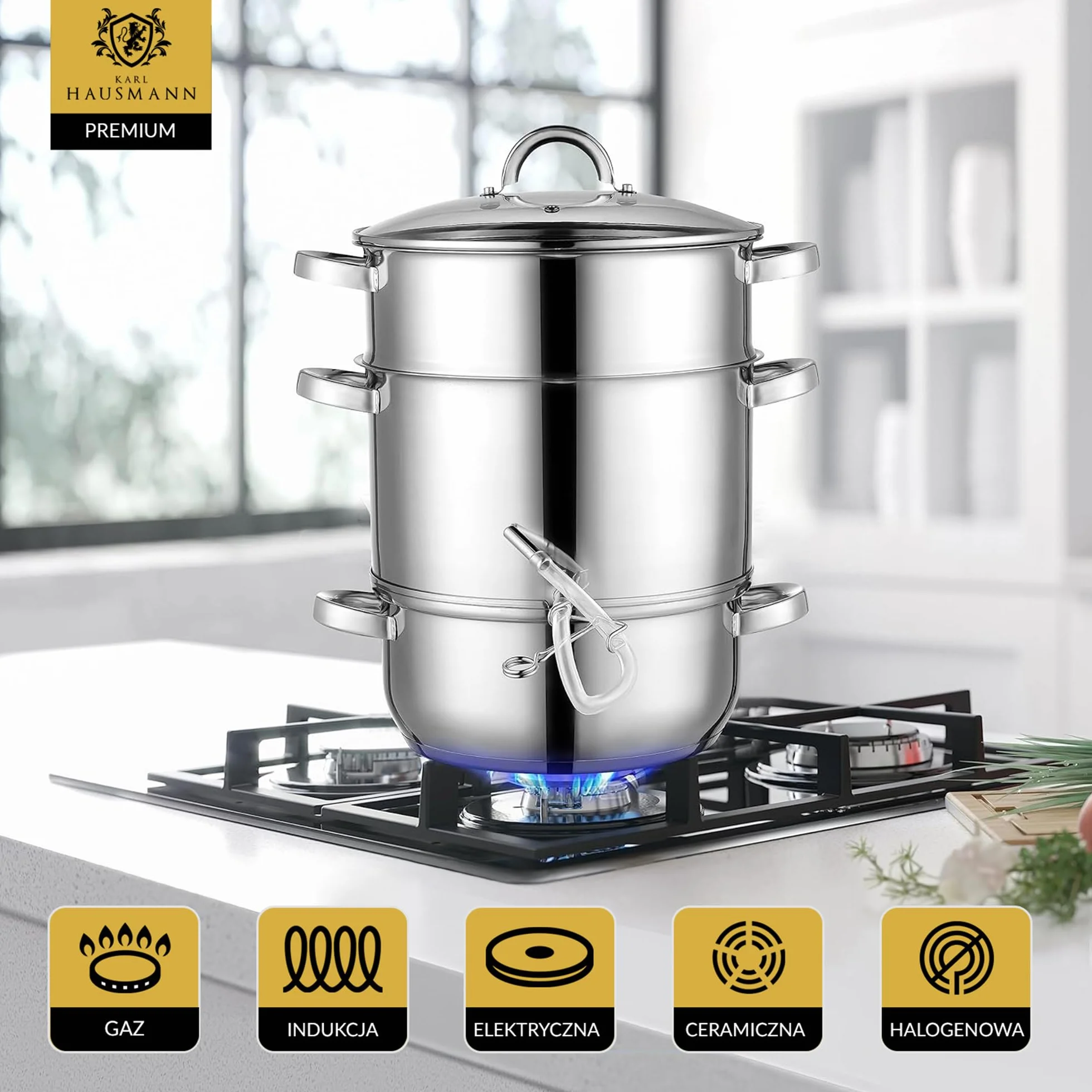 KARL HAUSMANN Sokownik Parowy 8L ze Stali Nierdzewnej - Garnek do Soków na Indukcję, Gaz, Ceramikę i Elektryczne | Sok z Owoców i Warzyw, Wężyk, BPA FREE