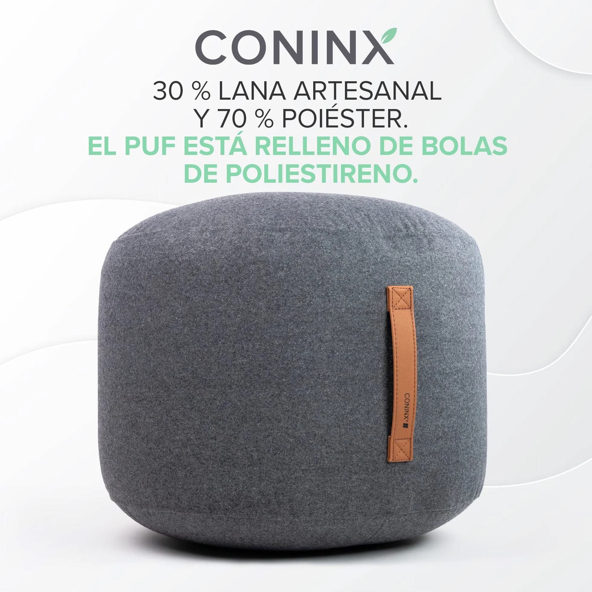 Coninx Wełniana pufa Home antracyt 50 x 40 cm podnóżek z uchwytem skórzanym