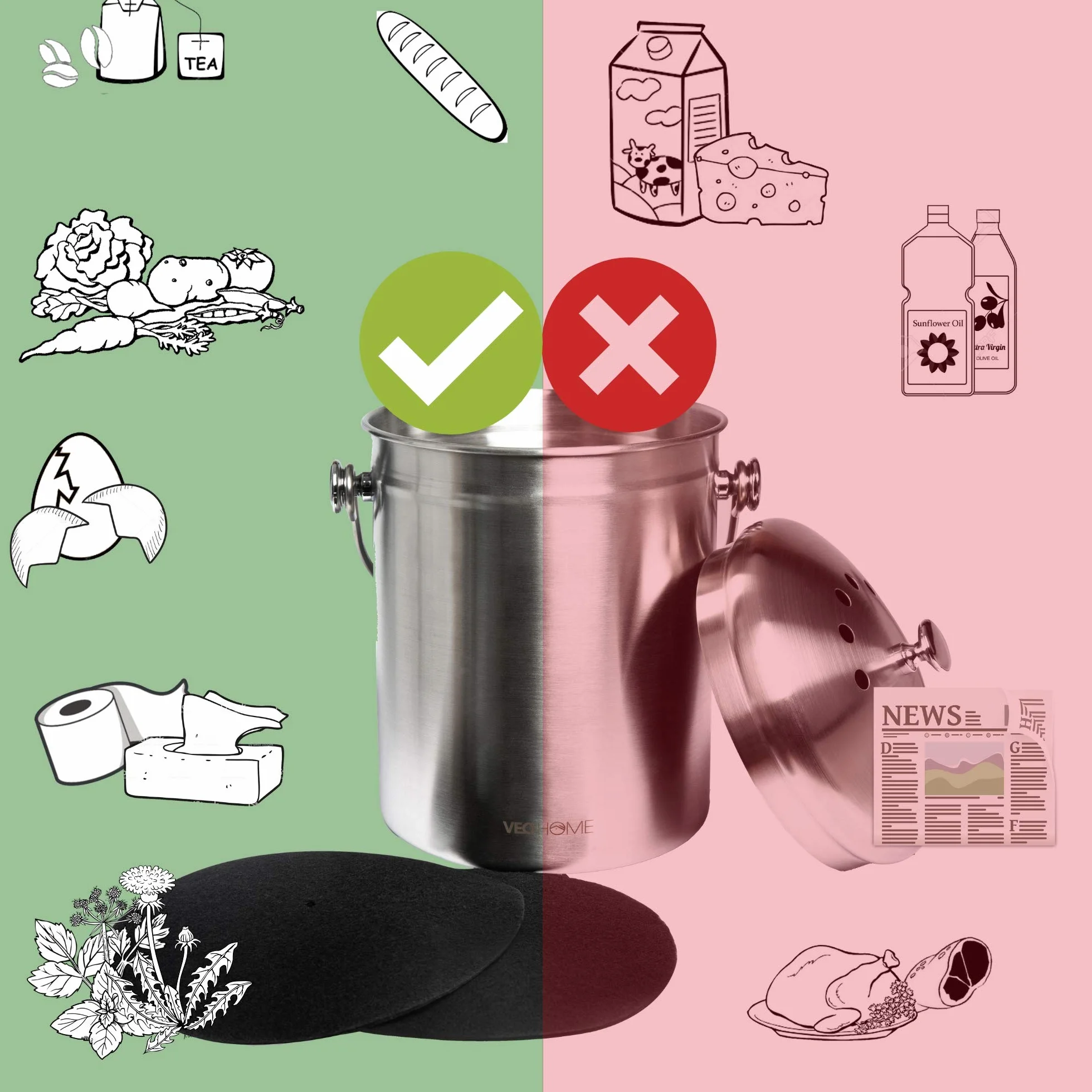 VeoHome Kosz na kompost kuchenny pojemnik stołowy na odpady organiczne