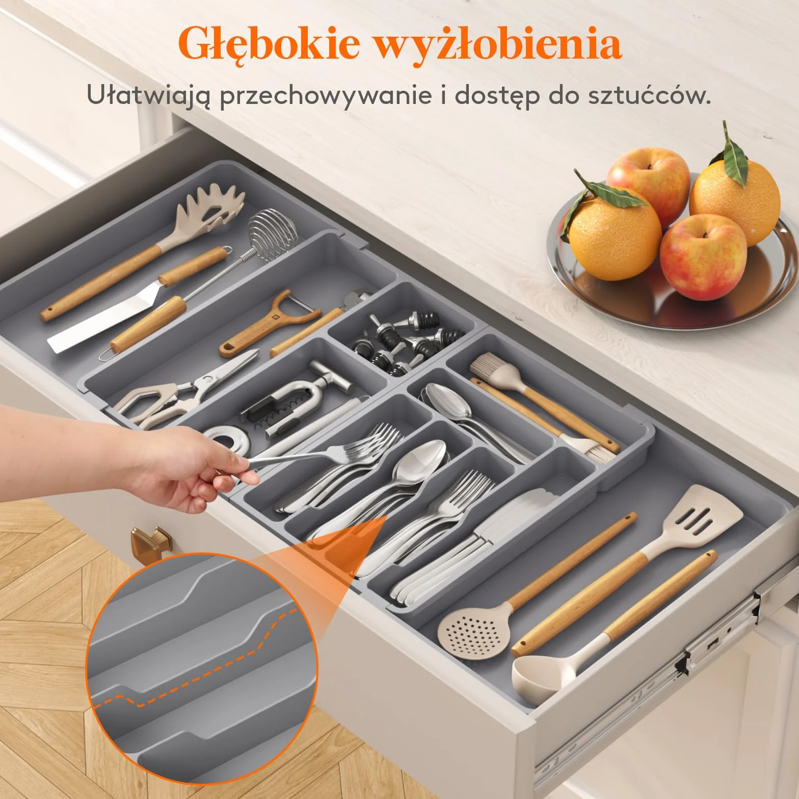 Lifewit Duży Organizator Szuflad Srebrnych, Plastikowa Taca na Naczynia do Kuchni, Rozszerzalna od 45.1cm do 91.4cm, Regulowana Płaska Łyżka na Nóż Widelcowy Uchwyt na Gadżety, Szary