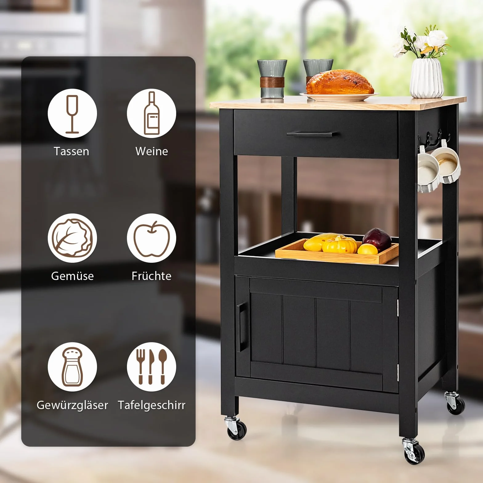 COSTWAY Mały Wózek Kuchenny na Kółkach, Wózek do Serwowania z Szafą, Szufladą i 3 Haczykami, Blat Roboczy z Drewna, Wyspa Kuchenna w Stylu Wiejskim, 56 x 46 x 89 cm