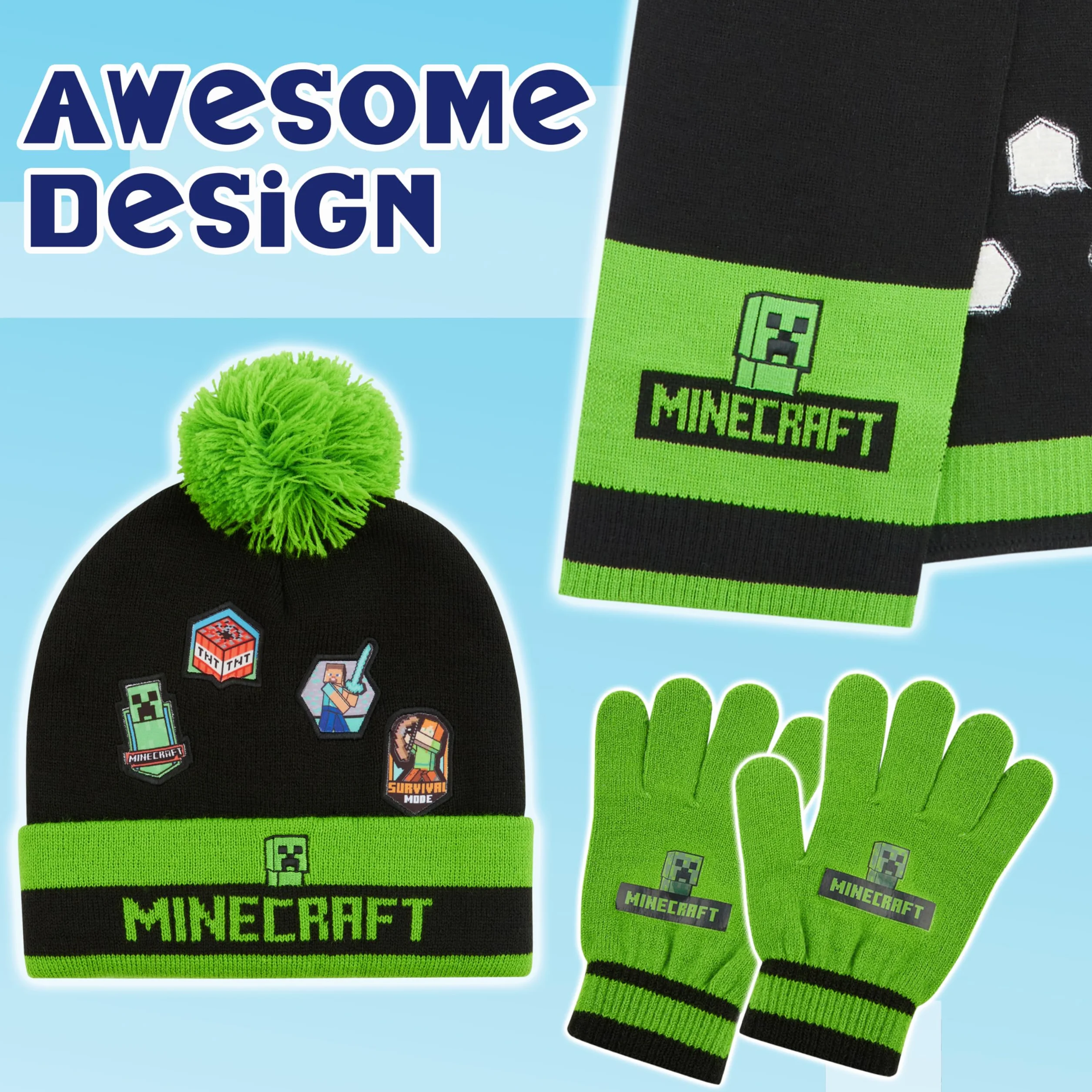 Minecraft Czapka beanie, szalik i rękawiczki, zestaw dla chłopców i dziewcząt